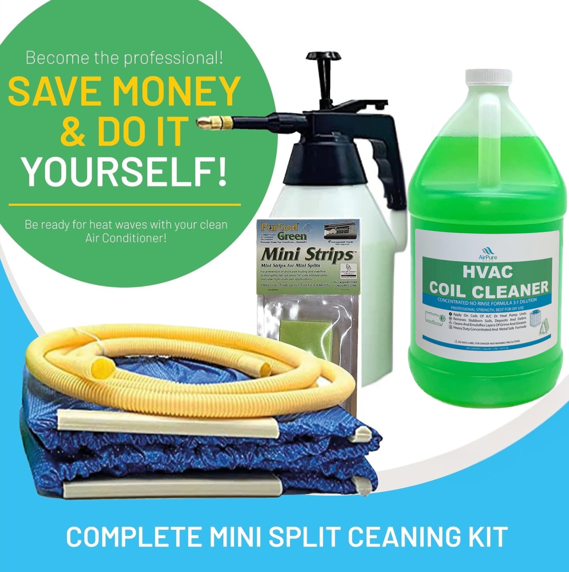 Complete Mini Split Cleaning Kit Featuring Nu-Calgon Evap Pow'r C Coil Cleaner & CleanAir Odour Treatment Tab - For Units Up To 39 Inches Wide