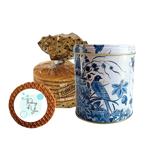 deReuze Dutch Stroopwafels Gift Set with Caramel Waffle Cookies in Blue and White Bird Delft Style Holland Tin and Special Occasion Gift Message