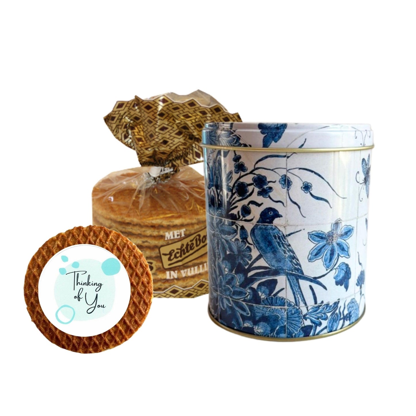 deReuze Dutch Stroopwafels Gift Set with Caramel Waffle Cookies in Blue and White Bird Delft Style Holland Tin and Special Occasion Gift Message