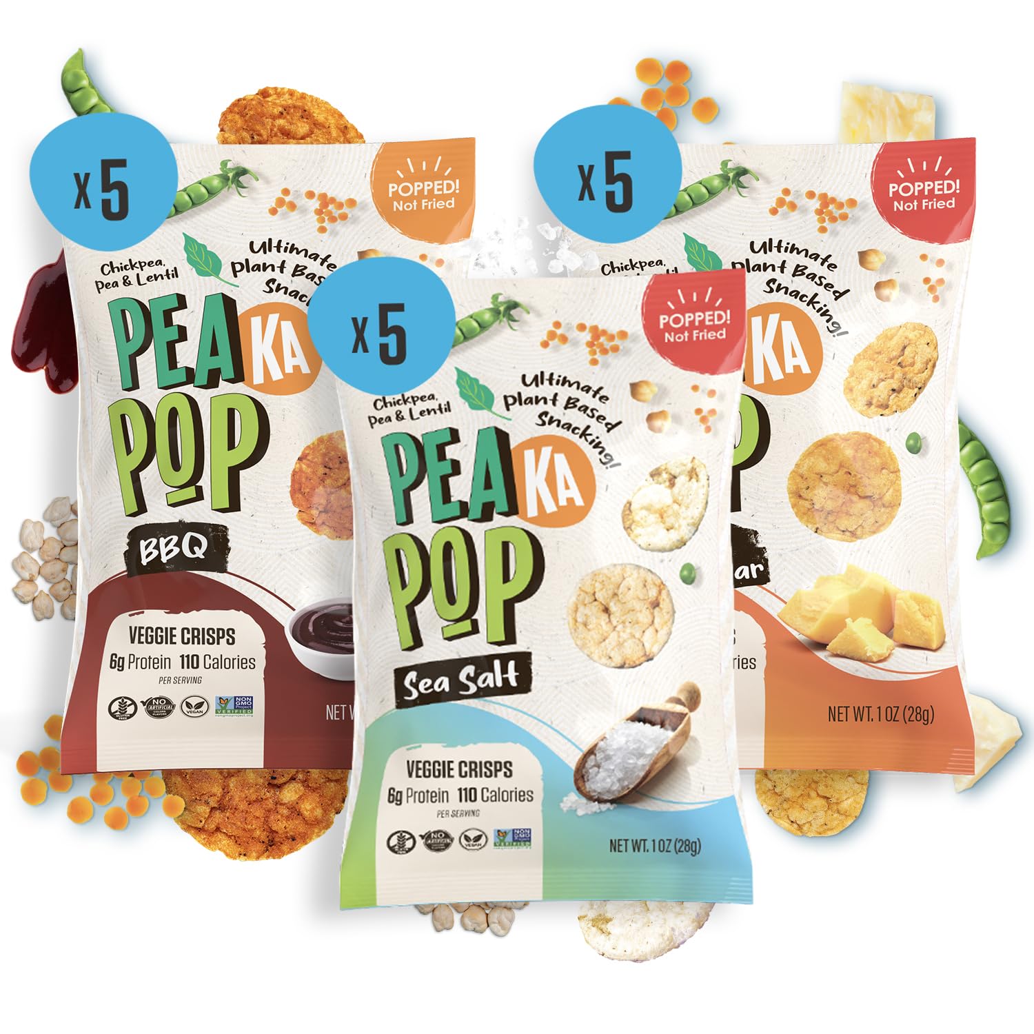 PeaKaPop Veggie Chips - Healthy Lentil Chips Snacks for Adults & Kids with Pea, Lentil & Chickpea Protein - Vegan, Gluten-Free Snack - Small Size 1 oz