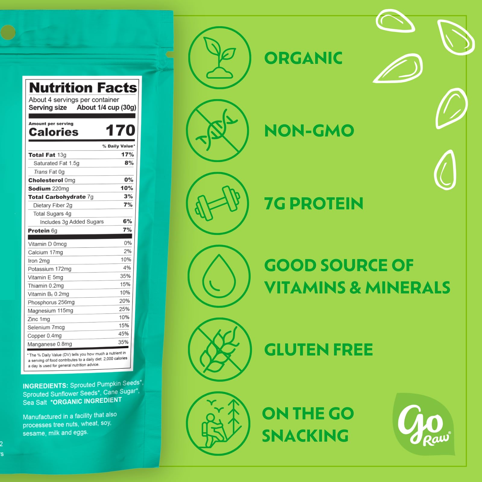 Go Raw Organic Sprouted Sweet & Salty Kettle Snacking Seeds, 4 oz, 6 Pack, Pumpkin & Sunflower Seeds, Keto, Kosher