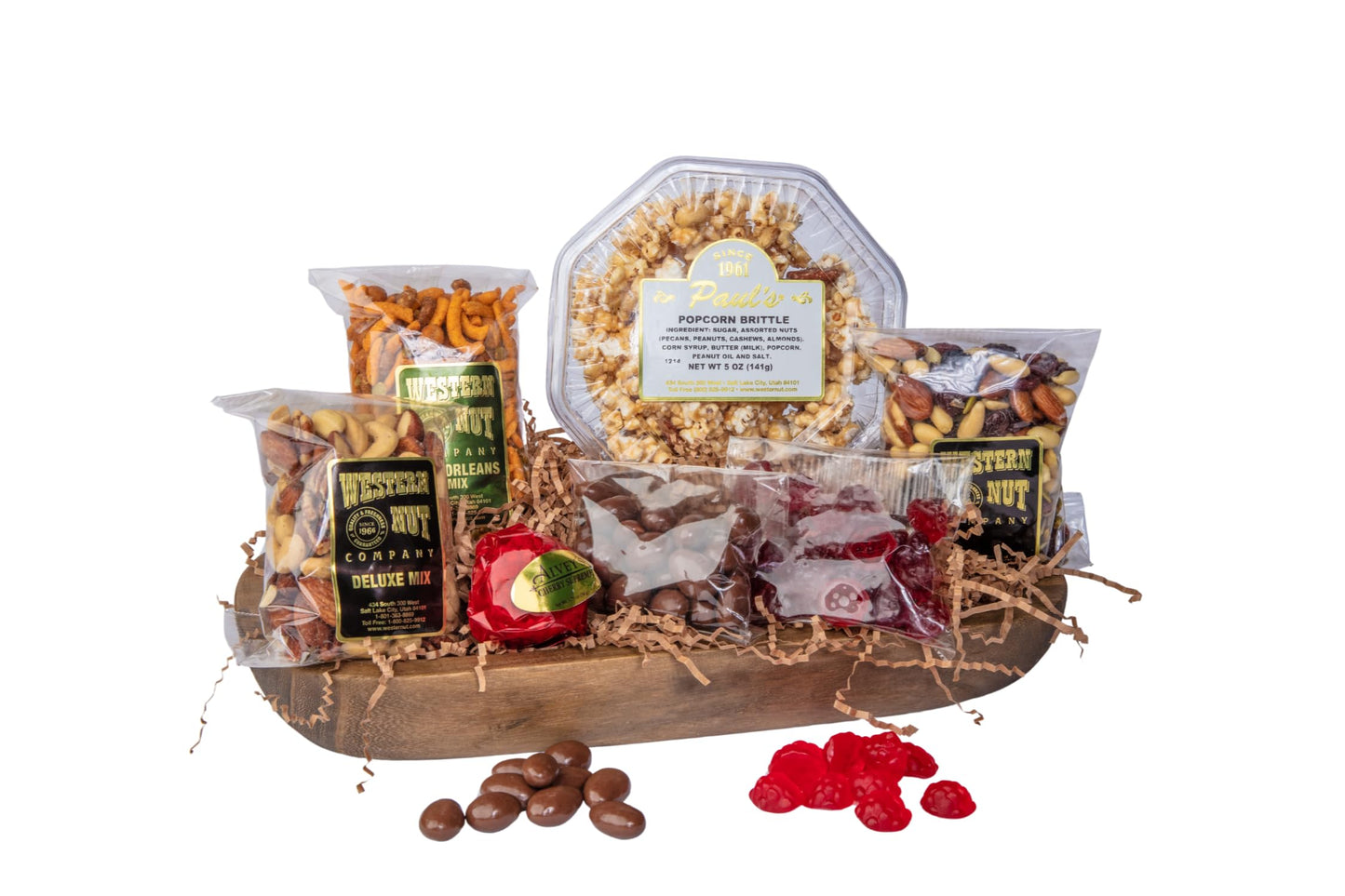 Western Nut Company Woodland Snack Tray, Luxury Wooden Tray with Popcorn Brittle, New Orleans Mix, Deluxe Mix, Antioxidant Medley, Cherry Supreme