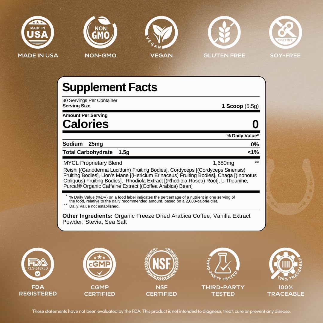 MYCL Organic Mushroom Coffee - Instant Coffee - 1,680mg Fruiting Body - Reishi, Lion’s Mane, Cordyceps, Chaga & L-Theanine - Focus, Energy & Immunity