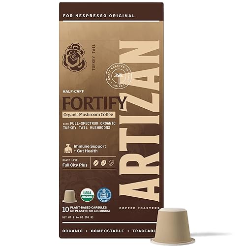Artizan Organic Turkey Tail Mushroom Coffee Pods for Nespresso Original Line | Half-Caff | Daily Defense + Gut Health | 10 Compostable Espresso
