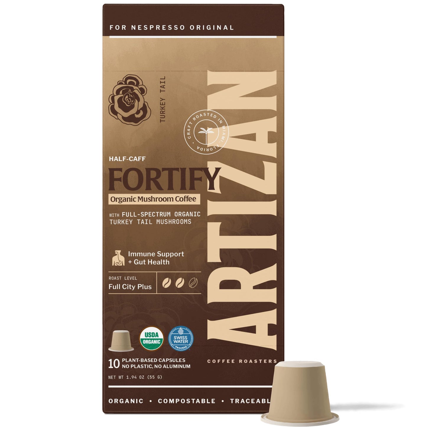 Artizan Organic Turkey Tail Mushroom Coffee Pods for Nespresso Original Line | Half-Caff | Daily Defense + Gut Health | 10 Compostable Espresso
