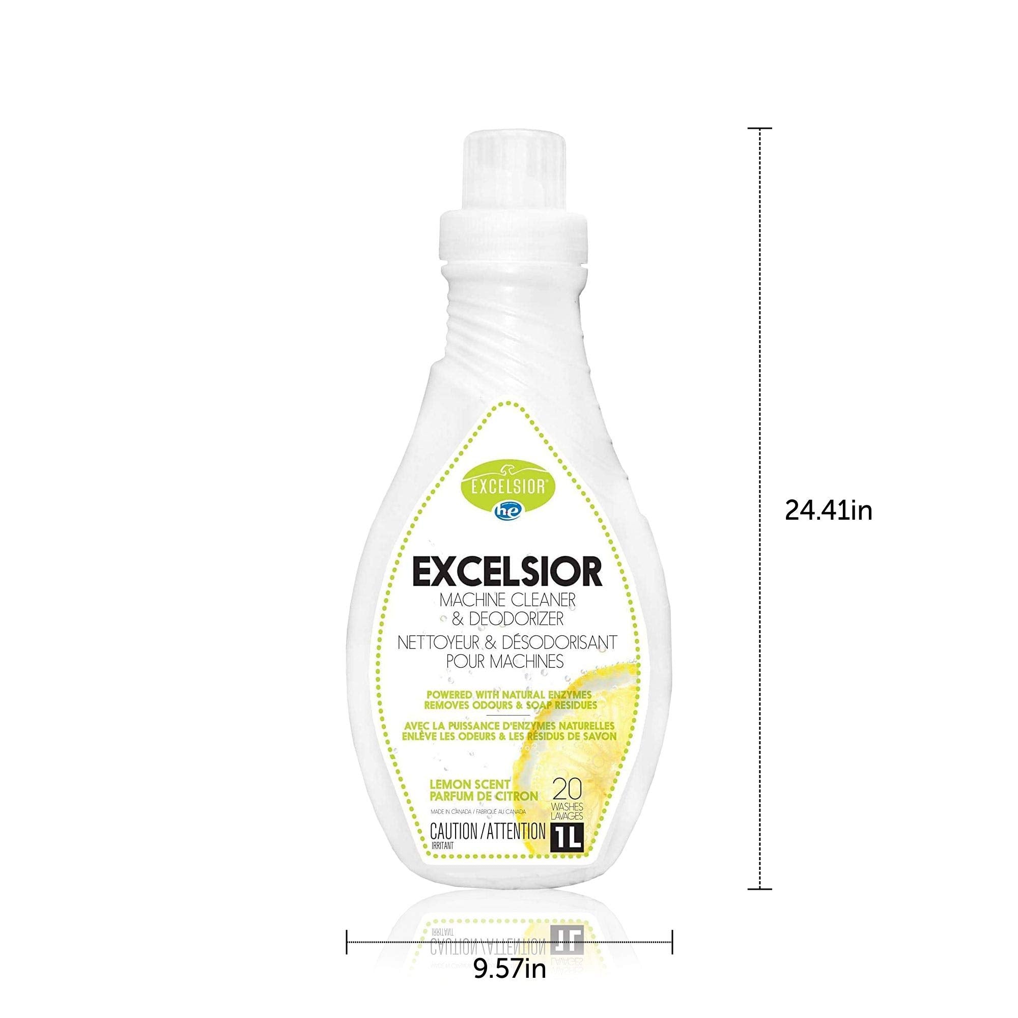 Excelsior HE Washing Machine Cleaner and Deodorizer, Removes Odors & Residues for 20 Cleanings of High Efficiency Washers, Lemon Scent, 1 Liter Bottle