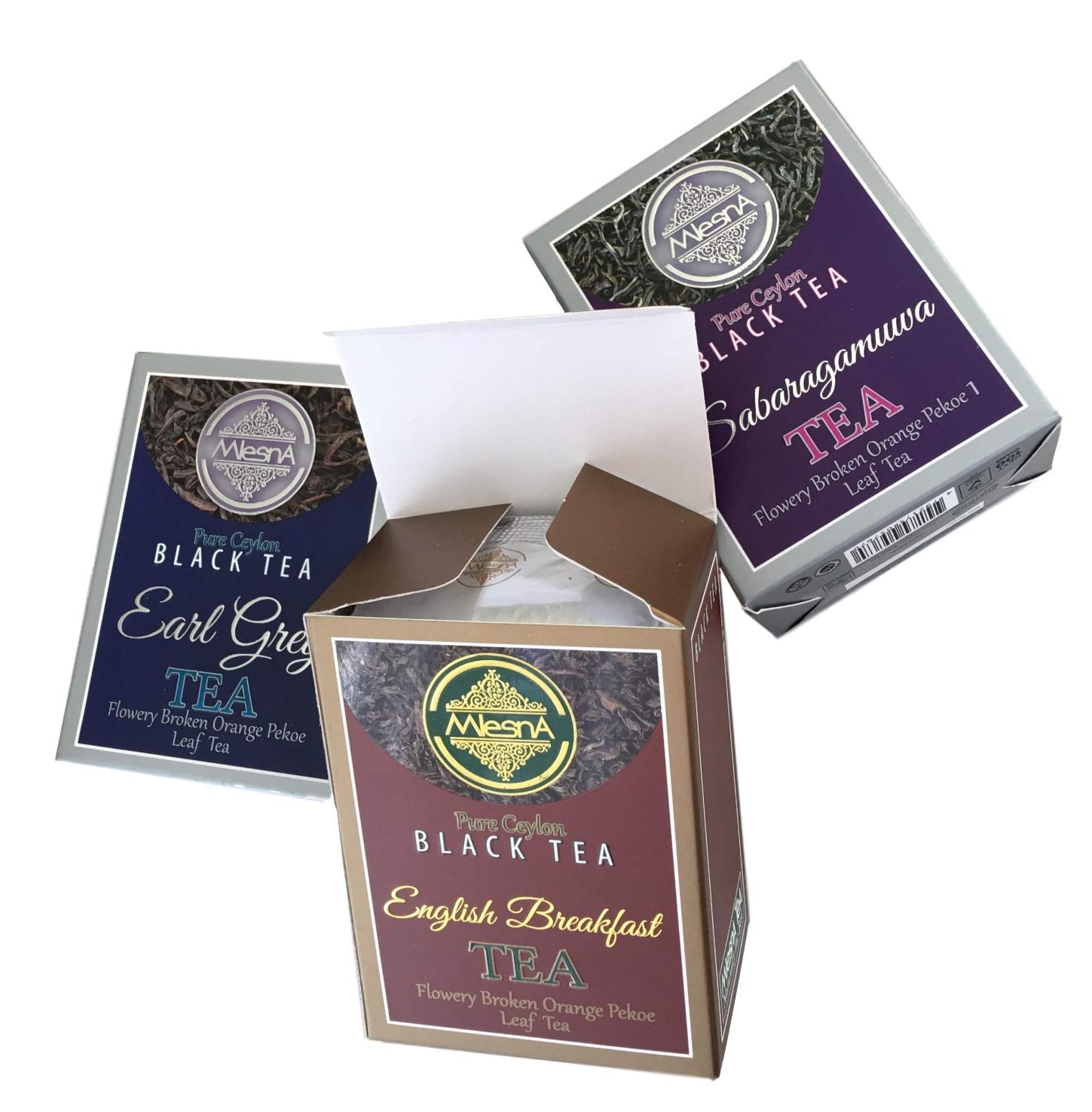Mlesna Pure Ceylon Fine Black Loose Tea Royal Collection Luxury Gift Pack- 3 Assorted Tea English Breakfast, Ceylon Earl Gray and Sabaragamuwa Black