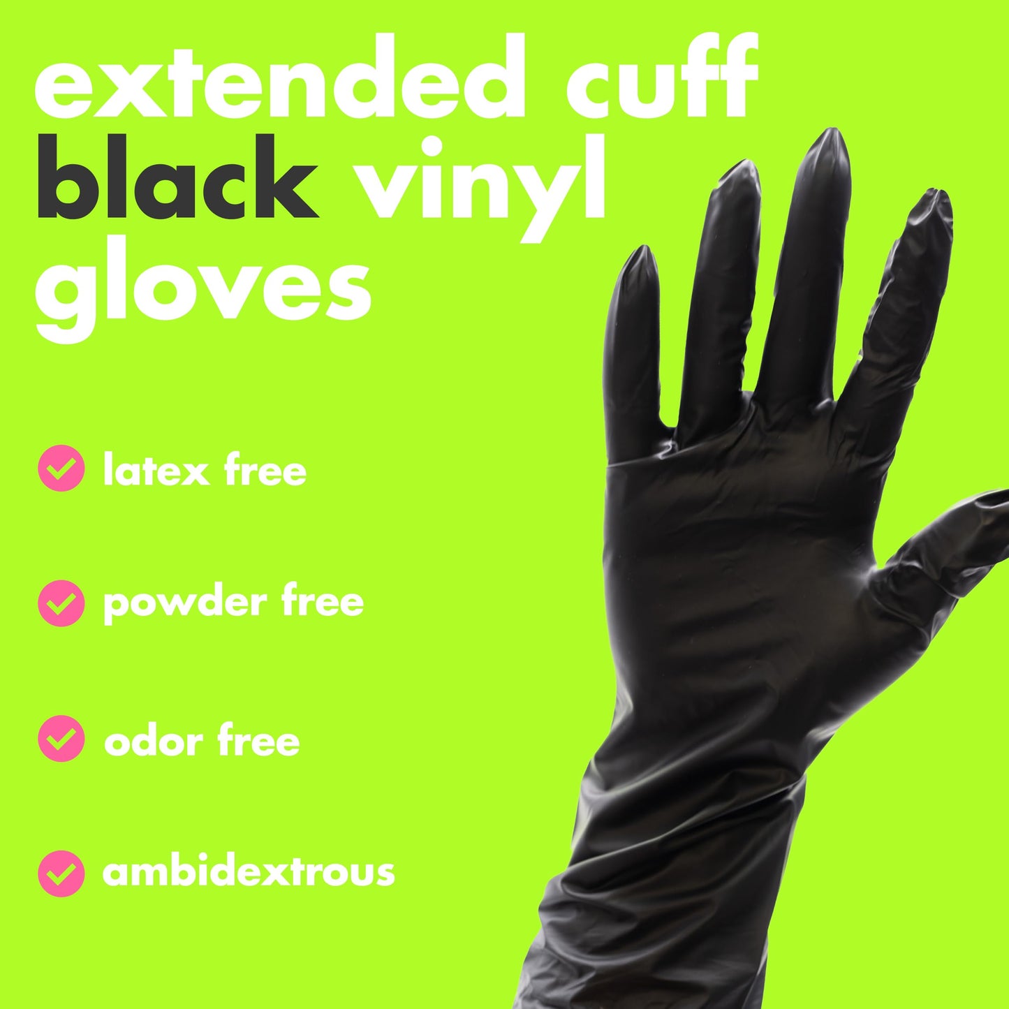 Colortrak Black Vinyl Gloves, Extra Length Disposable Latex-Free & Powder-Free Extended Cuff Hair Color Gloves for Chemical Processing & Salon