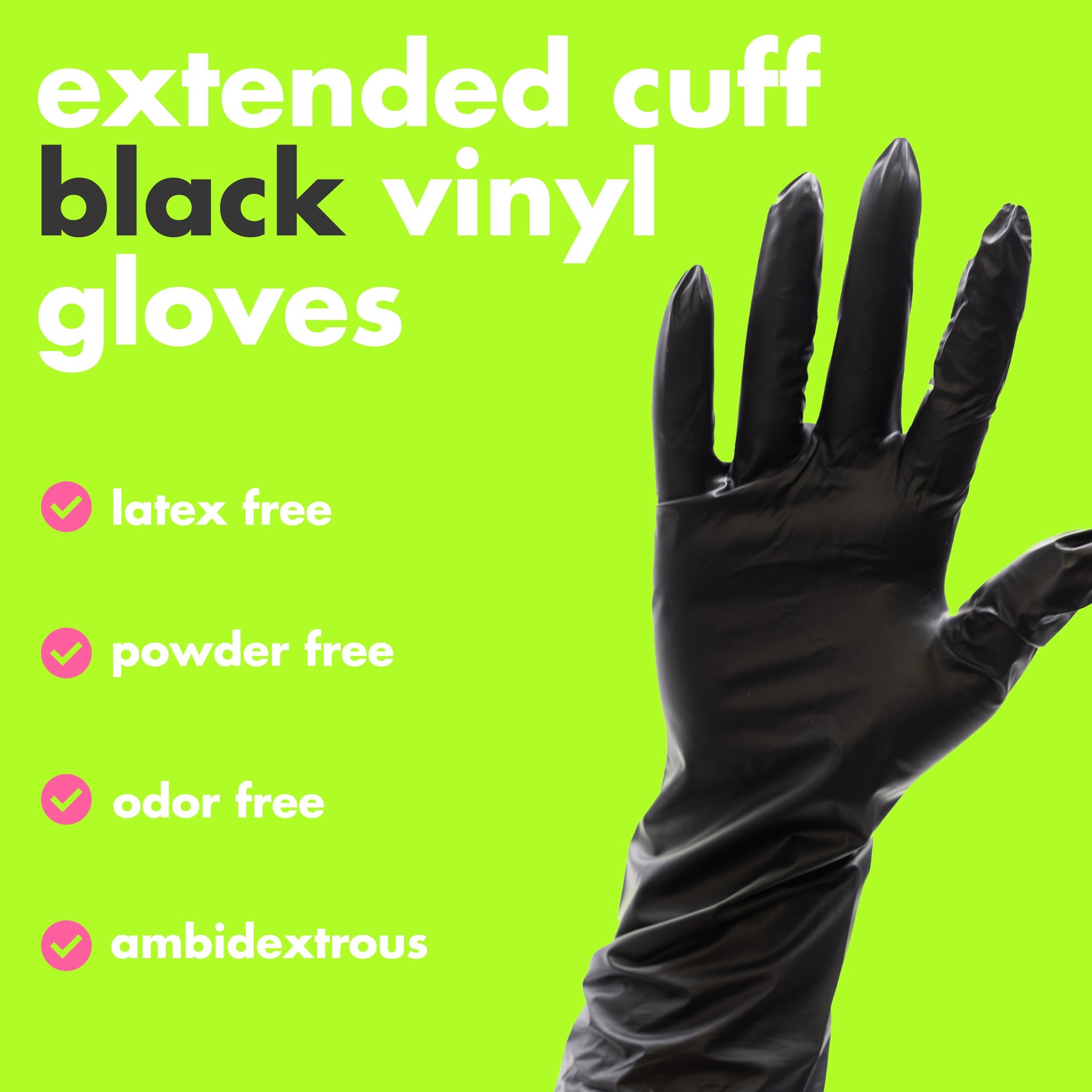 Colortrak Black Vinyl Gloves, Extra Length Disposable Latex-Free & Powder-Free Extended Cuff Hair Color Gloves for Chemical Processing & Salon