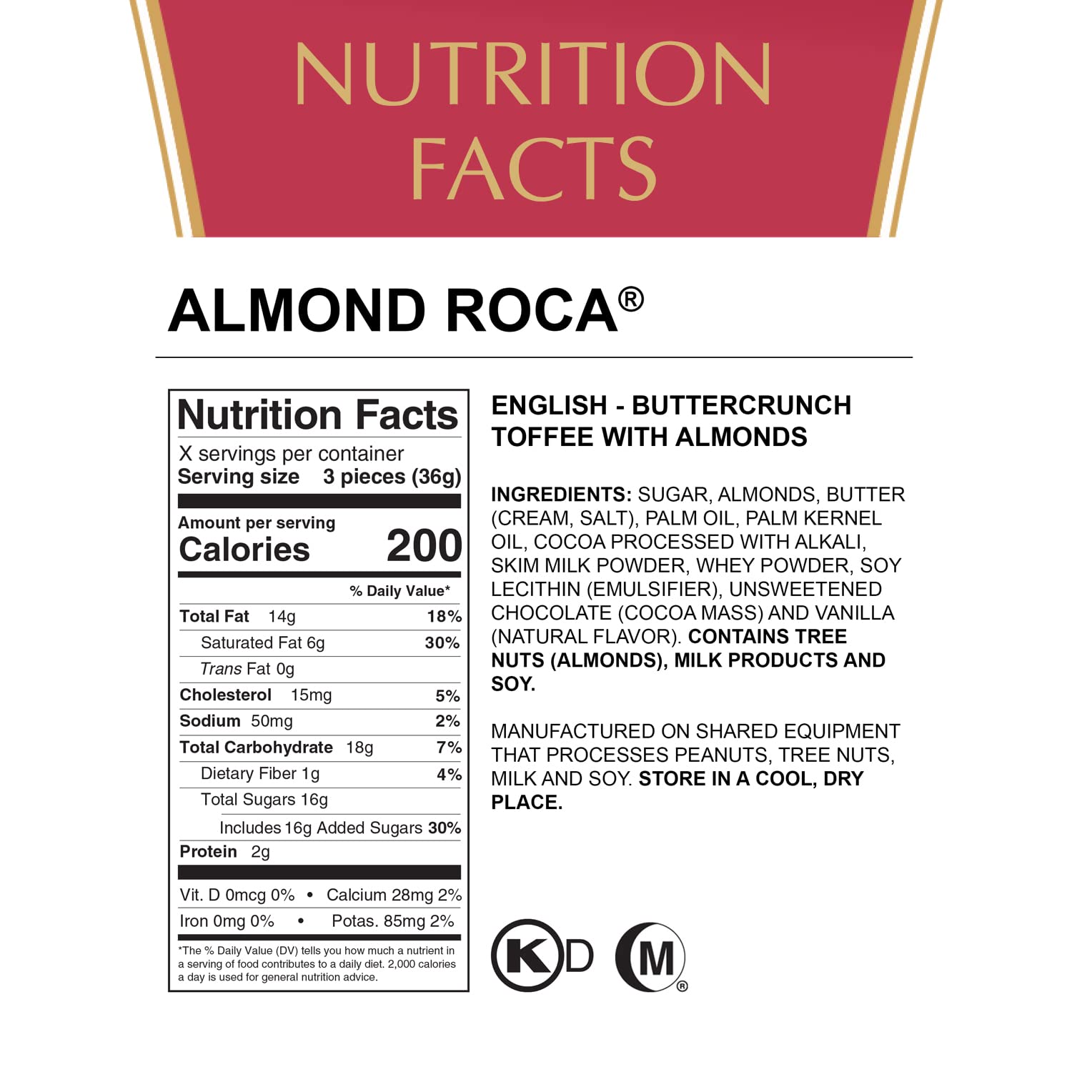 Brown & Haley Almond Roca the Original Buttercrunch Toffee with Almonds ALL Natural Zero Gram Trans FAT - 2 Pack of 10 Oz Container Jars