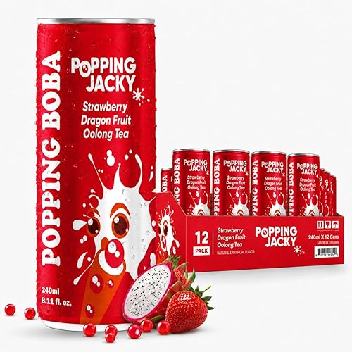 Popping Jacky Boba Tea Drink (Pack of 12) with Popping Boba Pearls - Ready to Drink Bottled Bubble Tea - Strawberry Dragon Fruit Oolong Fruit Tea