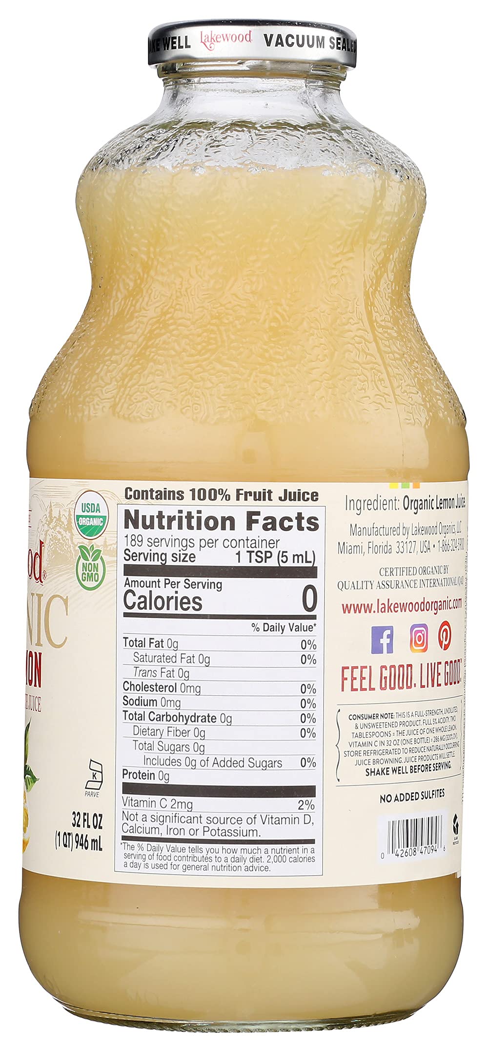 Lakewood Organic Pure Lemon, 32 onzas (paquete de 6)