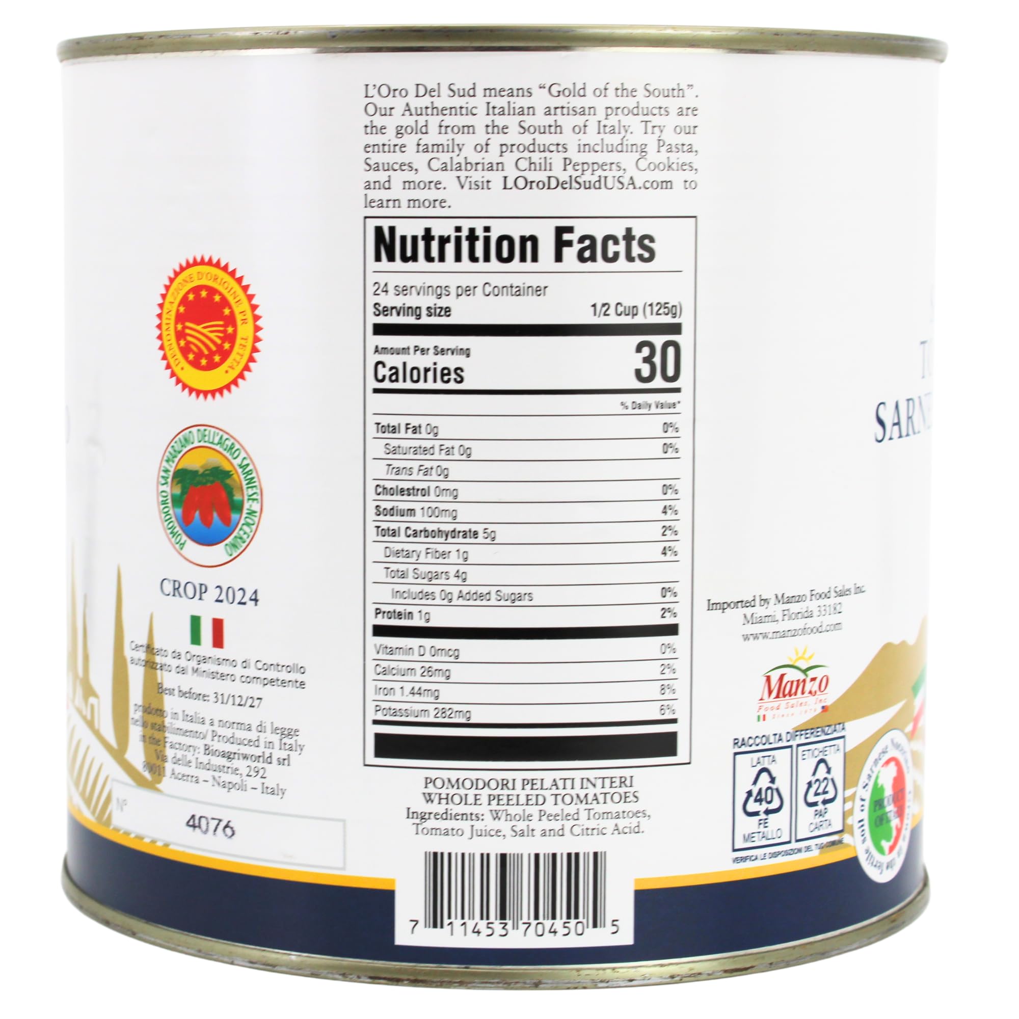 L'Oro Del Sud - D.O.P San Marzano Tomatoes of Agro Sarnese-Nocerino Area, Net Wt. 2550g (88 fl. oz). Pomodoro San Marzano dell’Agro Sarnese-Nocerino