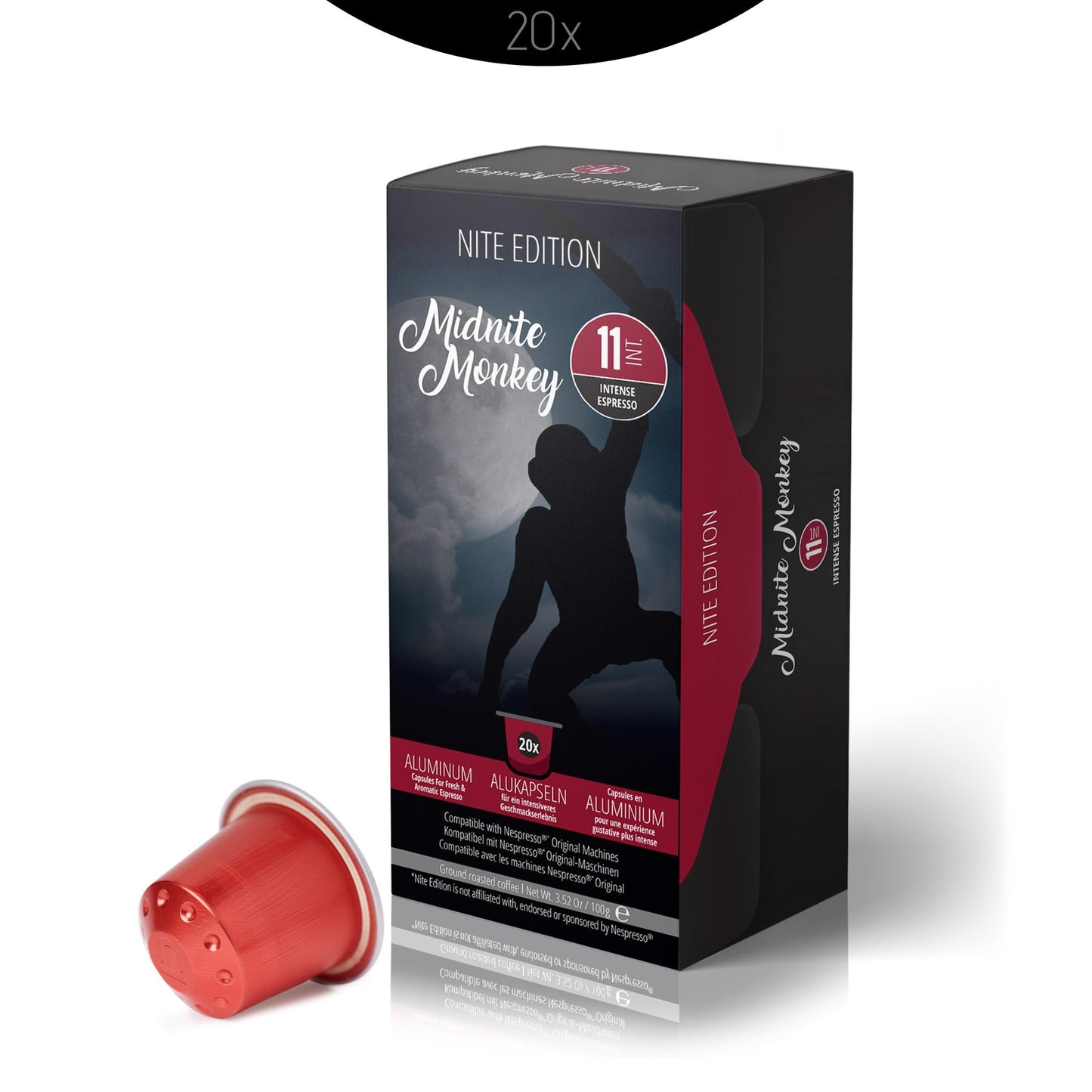 Midnite Monkey 20ct Intense Espresso I Compatible With Nespresso Original Machines I Dark Roast I Coffee Pods I High Intensity 11 I 100% Arabica