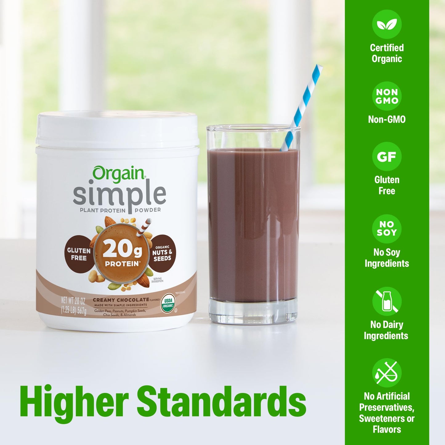 Orgain Organic Simple Vegan Protein Powder, Chocolate - 20g Plant Based Protein, Made with less Ingredients, No Artificial Sweeteners, Gluten Free, No