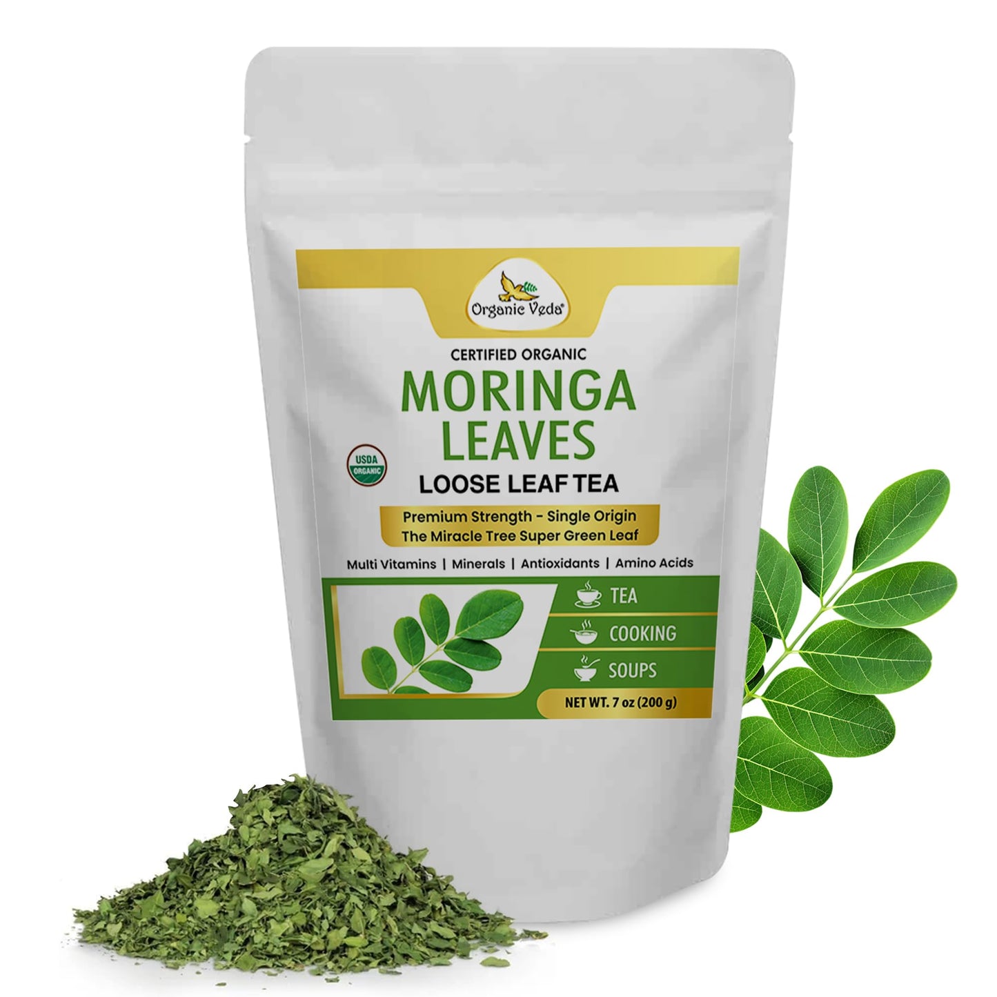 Organic Veda Moringa Tea Leaves - True Green Rich, Premium Single Origin,100% Organic Moringa Oleifera Loose Leaf Tea, Baking, Soup Powder