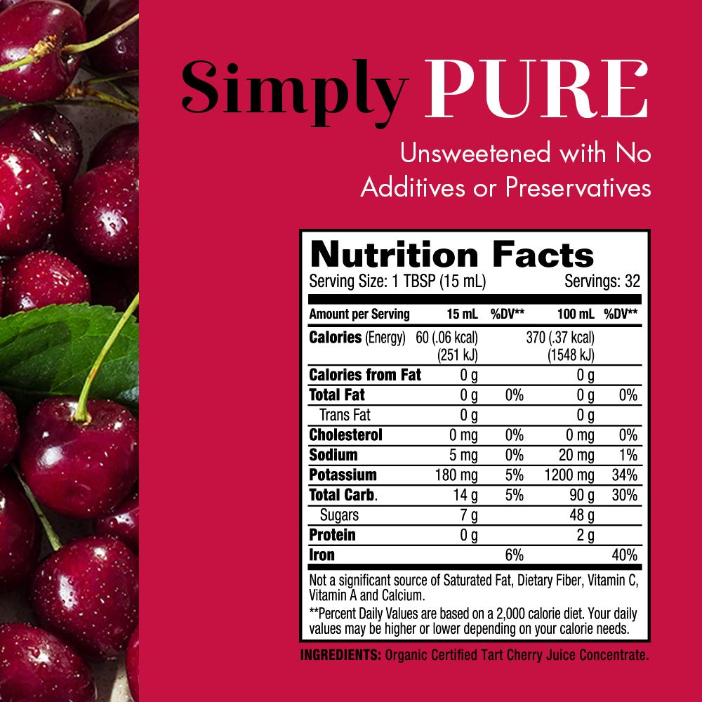 Dynamic Health Organic Tart Cherry Juice Concentrate - Unsweetened Montmorency Tart Cherry Juice, for Men & Women, Source of Vitamins A, C, K