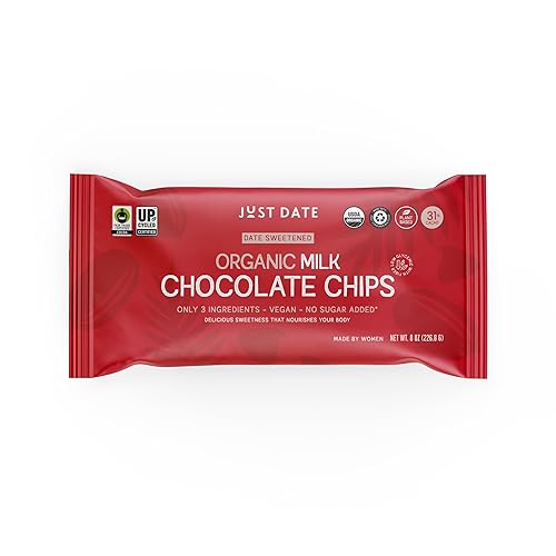 Just Date Organic Date Sweetened Milk Chocolate Chips / 35% Cacao/Vegan/No Sugar Added/Only 4 Ingredients/Low Glycemic Index / 8 Oz