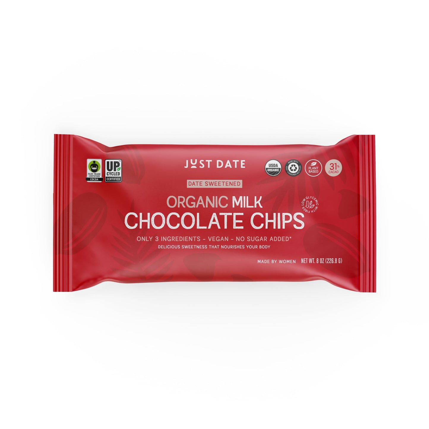 Just Date Organic Date Sweetened Milk Chocolate Chips / 35% Cacao/Vegan/No Sugar Added/Only 4 Ingredients/Low Glycemic Index / 8 Oz