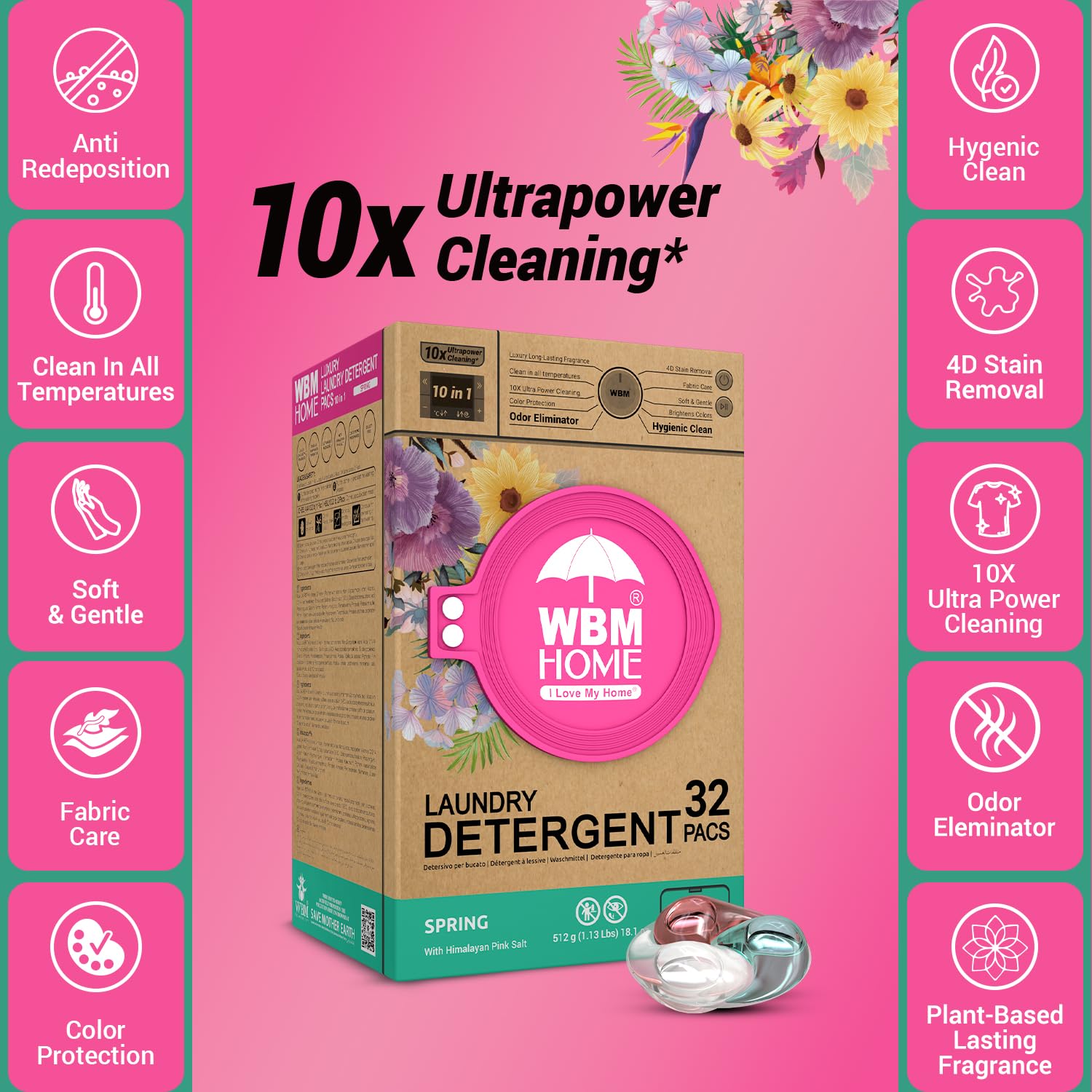 WBM Home Laundry Detergent Pods, Spring Fragrance Scent, 32 Count - HE Concentrated Laundry Pods with 10x Ultra Power Cleaning and 4D Laundry Stain