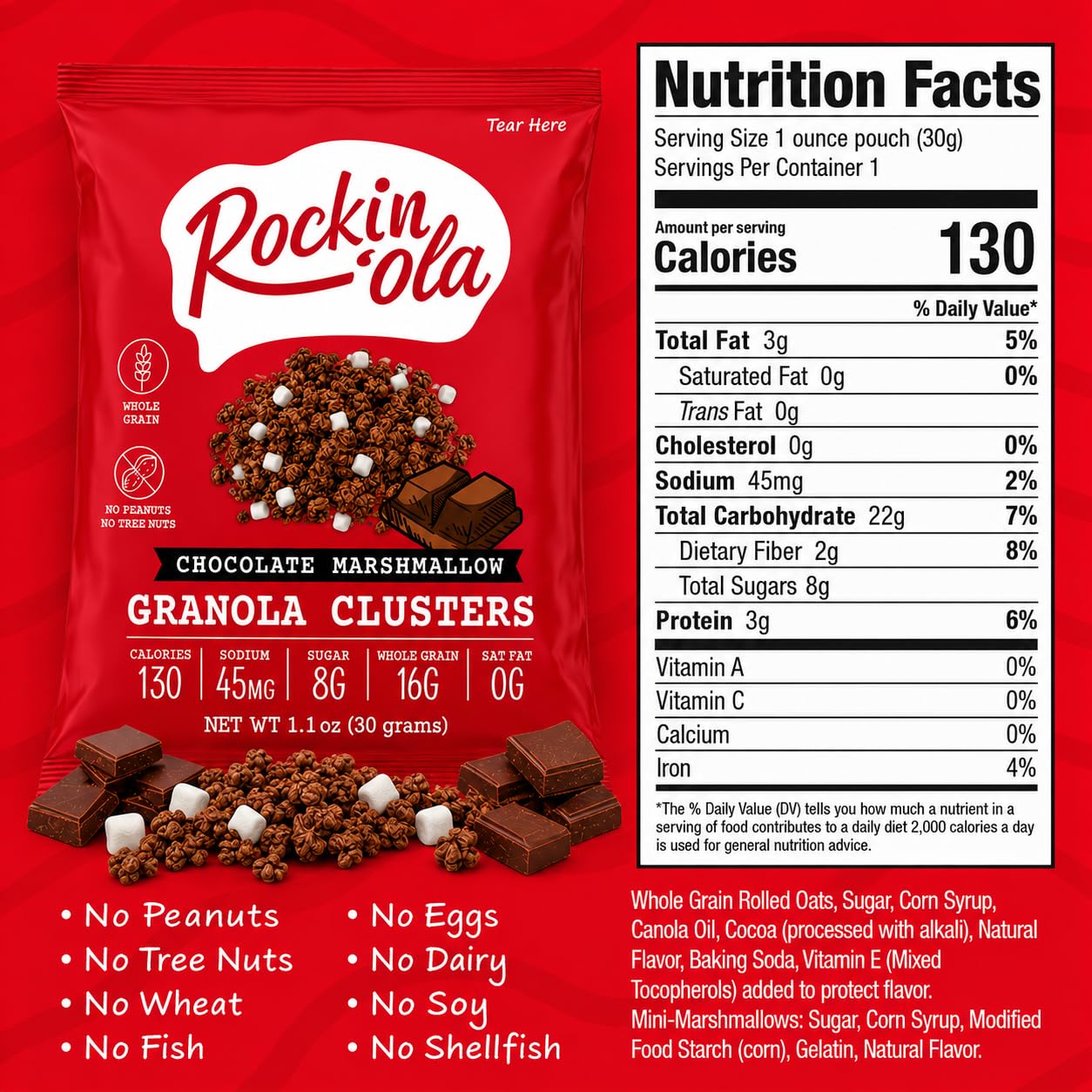 Rockin'Ola Granola Clusters, Quick Breakfast Snack, Allergen Free, No Artificial Flavors, Colors, or Preservatives (Chocolate w/Marshmallows)