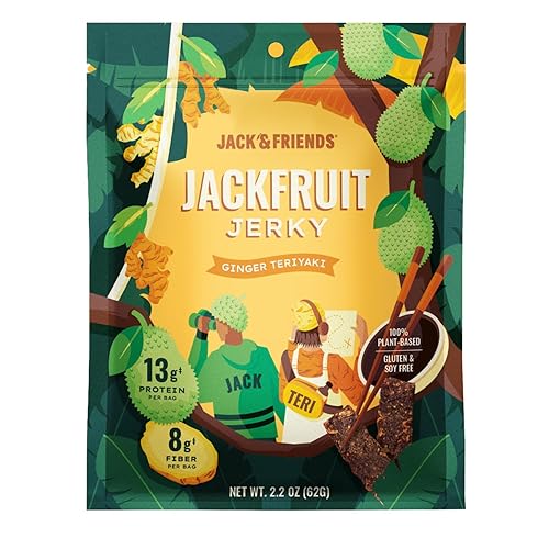 Jack & Friends Jackfruit Jerky Ginger Teriyaki - Plant Based Vegan Jerky Snack, Healthy Meatless Jerky Alternative Made from Jackfruit, 13g Protein
