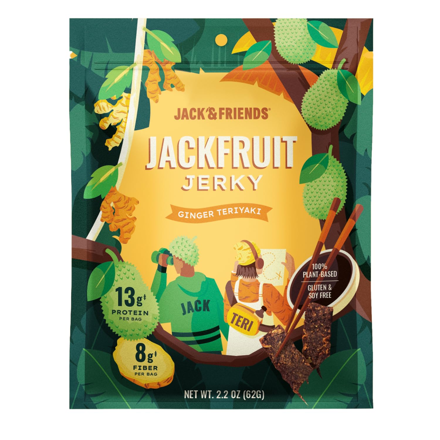 Jack & Friends Jackfruit Jerky Ginger Teriyaki - Plant Based Vegan Jerky Snack, Healthy Meatless Jerky Alternative Made from Jackfruit, 13g Protein