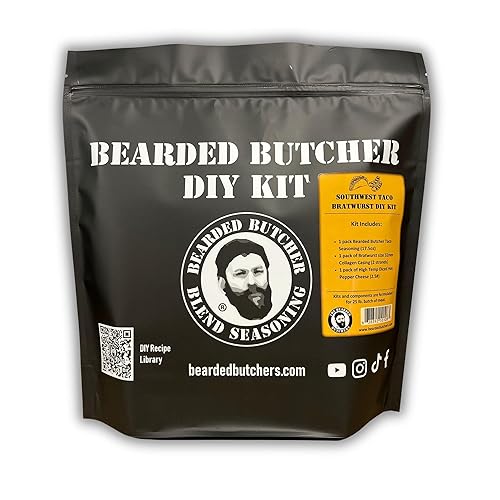 Bearded Butchers Southwest Taco Bratwurst DIY Kit - Make Flavorful Brats at Home - Includes Taco Seasoning, High Temp Pepper Jack Cheese, and 32mm