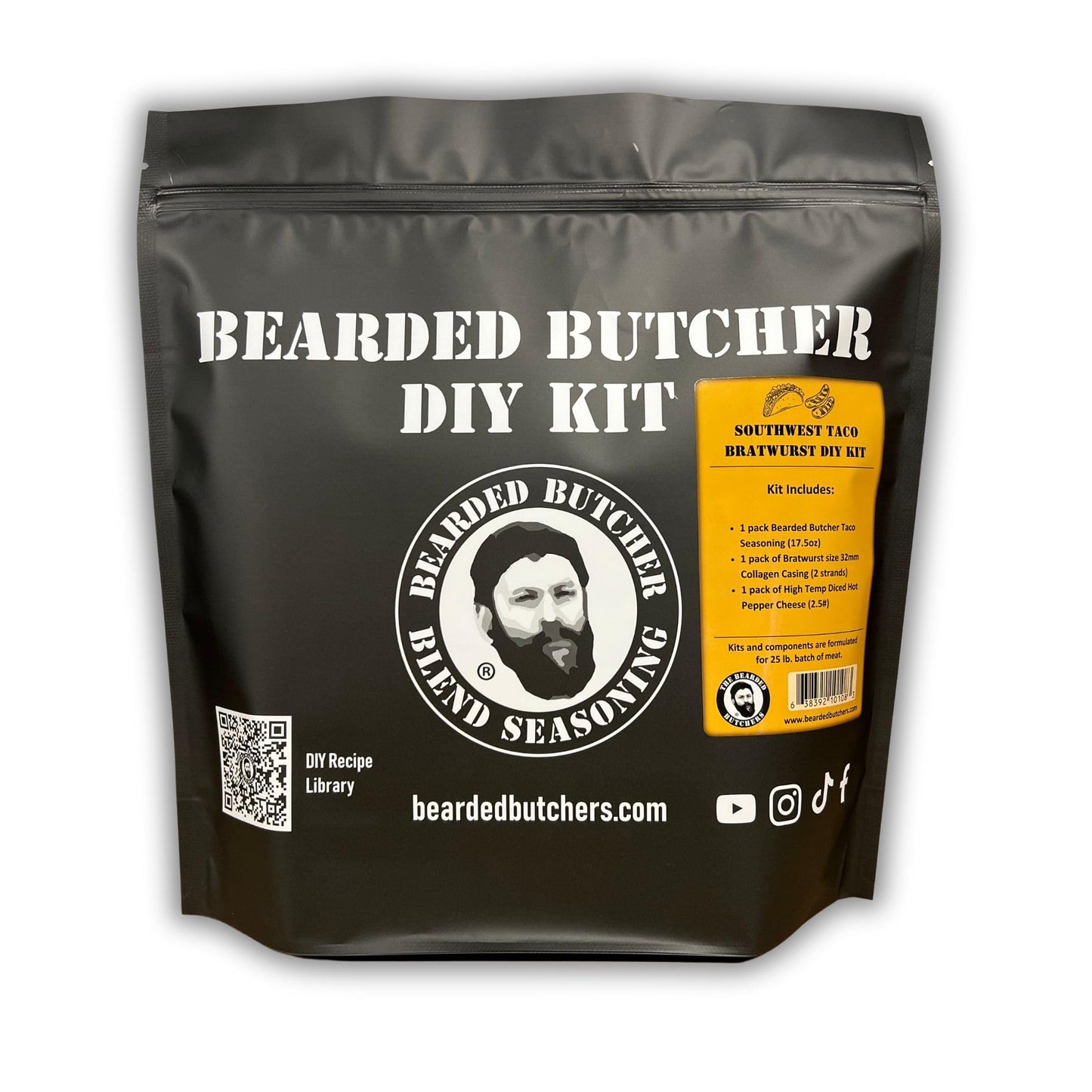 Bearded Butchers Southwest Taco Bratwurst DIY Kit - Make Flavorful Brats at Home - Includes Taco Seasoning, High Temp Pepper Jack Cheese, and 32mm