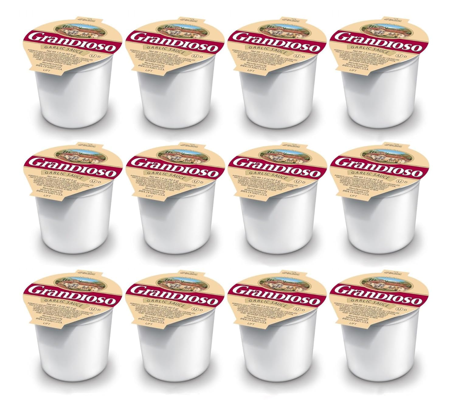 Grandioso Garlic Dipping Sauce 1.5 oz Dipping Cup | Pizza Garlic Sauce Dip | Gluten-Free | Keto | Kosher | Made in America | 12 Pack
