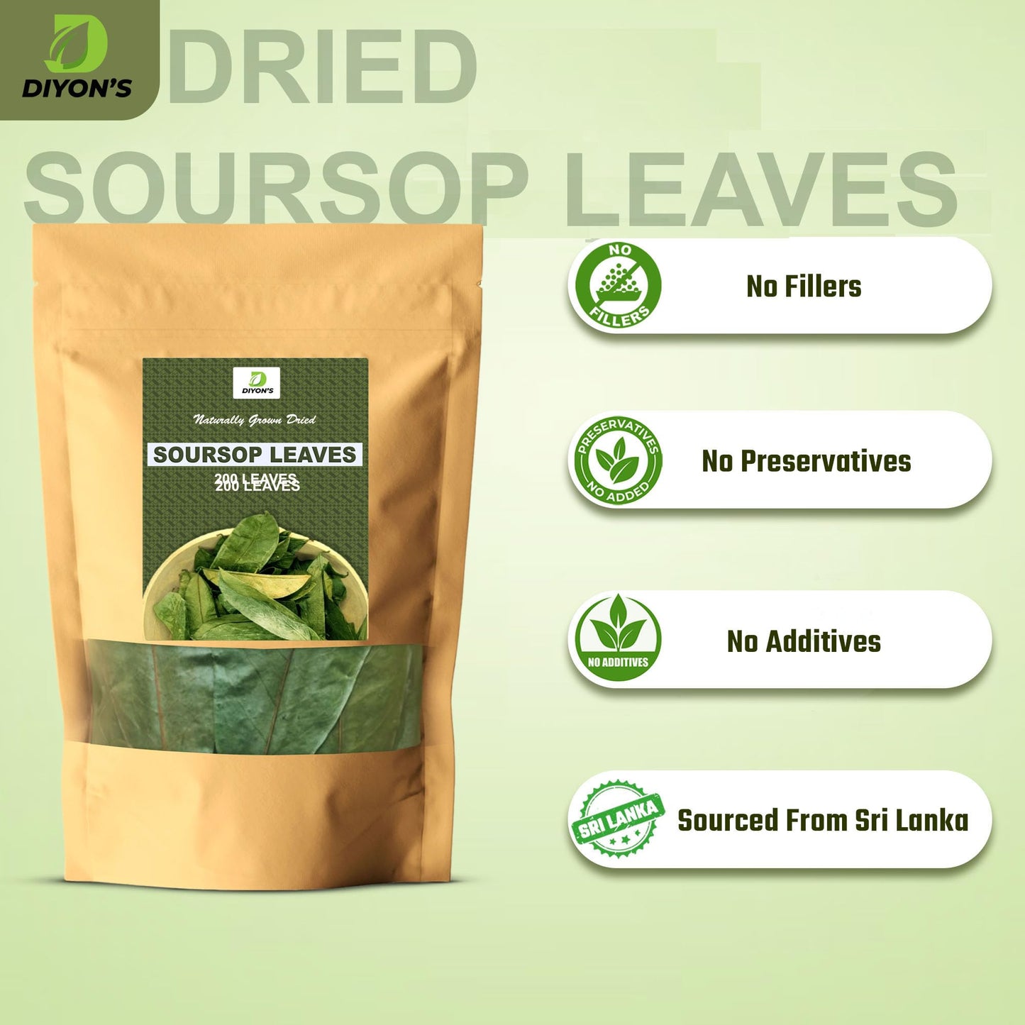 Diyon's Dried Whole Soursop 200 Leaves (110g) 100% All Natural, Delicious Fresh Tea | From Sri Lanka | Premium Wildcrafted Quality, Packed In a Stand