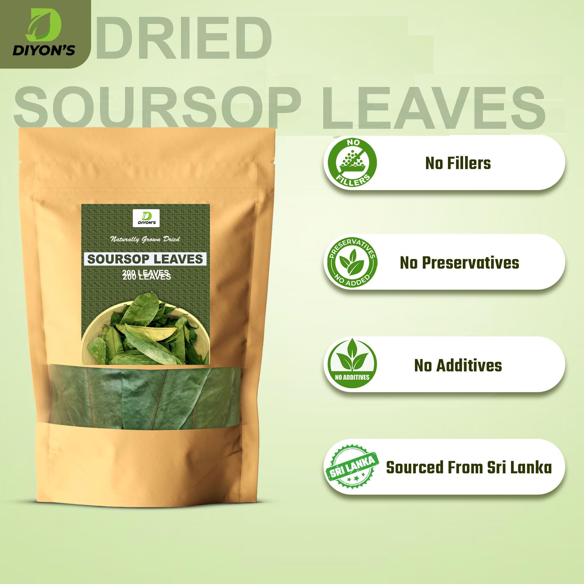 Diyon's Dried Whole Soursop 200 Leaves (110g) 100% All Natural, Delicious Fresh Tea | From Sri Lanka | Premium Wildcrafted Quality, Packed In a Stand