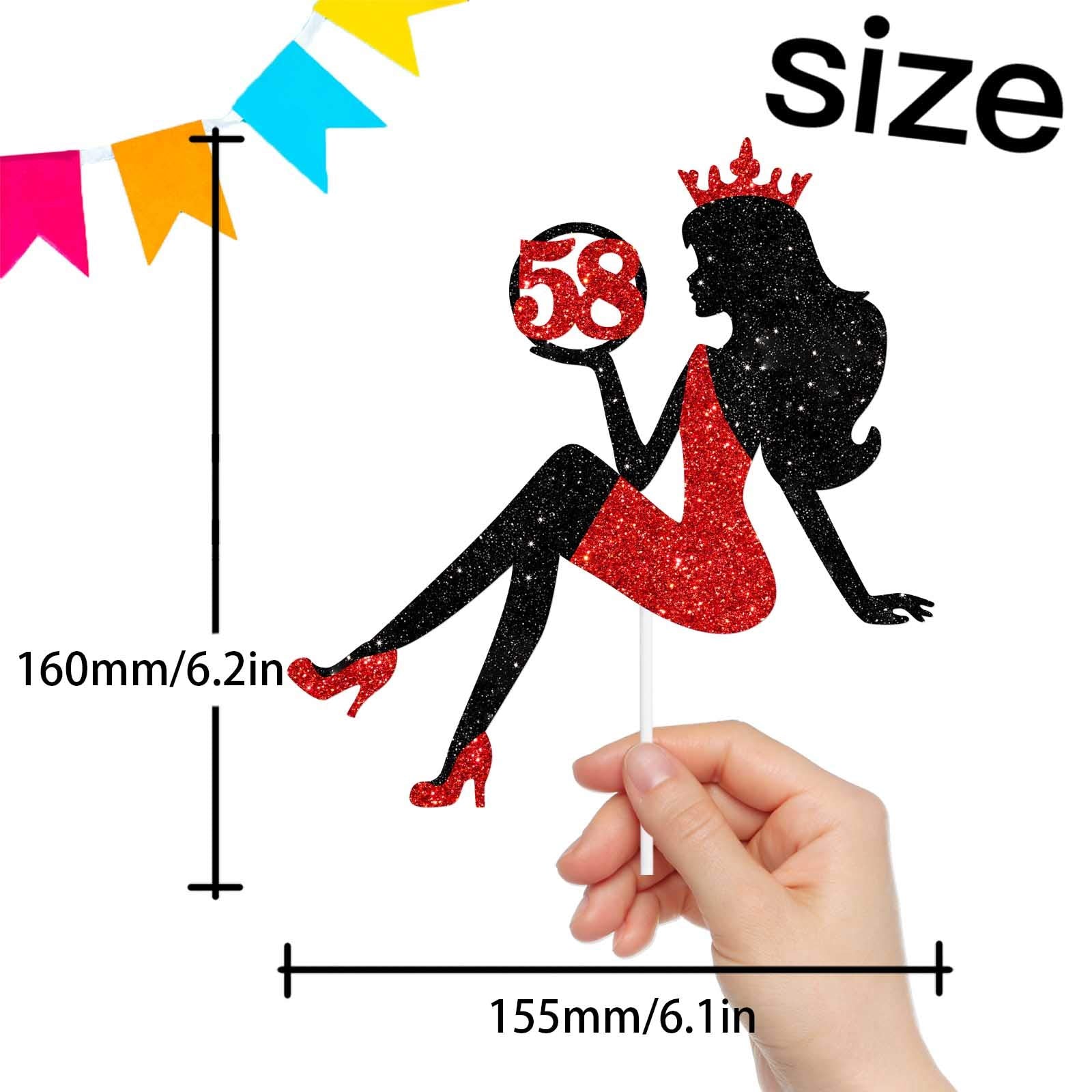58 Red & Black Sitting Girl Silhouette Cake Topper Decorations with Glamour for Lady 58 Birthday Theme Queen Sexy Party Decor Supplies