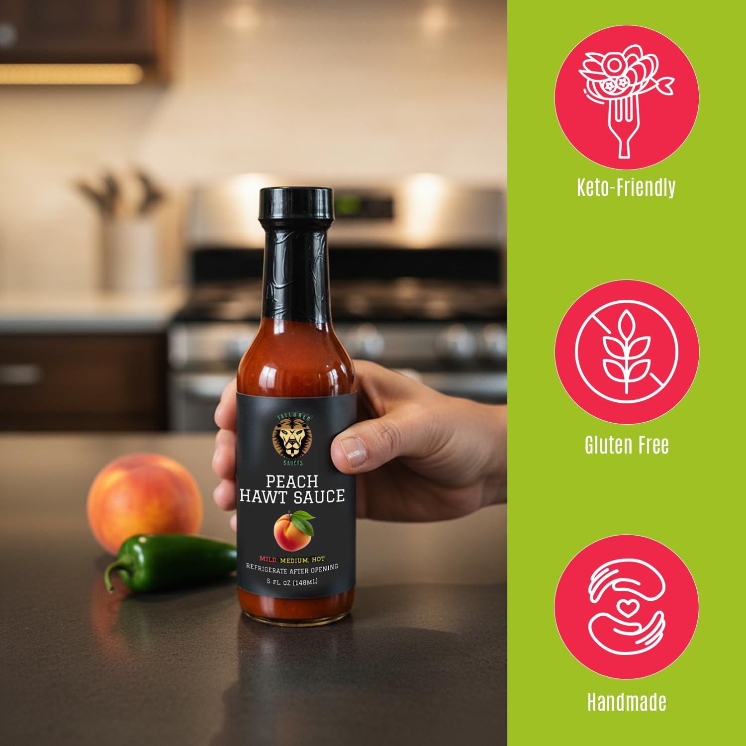 Taylored Sauces Peach Hawt Sauce, Keto, and Low-Calorie and Low-Sugar Gourmet Blend Gluten-Free Artisan Condiment, Made with Fresh Jalapeno Peppers