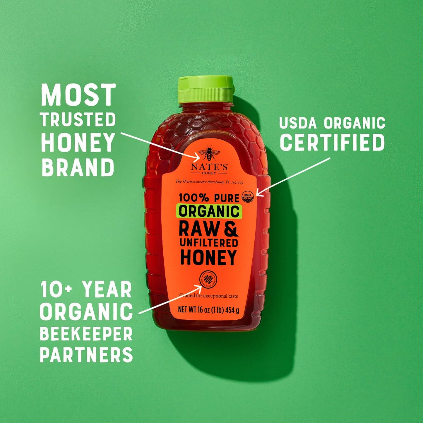 Nate's Organic 100% Pure, Raw & Unfiltered Honey - USDA Certified Organic - 16oz. Squeeze Bottle
