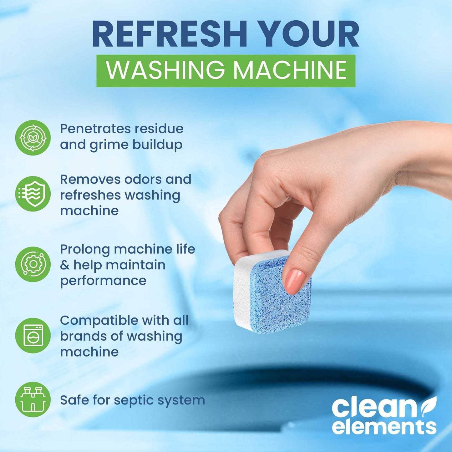 Clean Elements Washing Machine Cleaner Tablets 24 Pack - Deep Cleaning Descaler for HE, Front & Top Load Washers - Septic Safe, Eco-Friendly