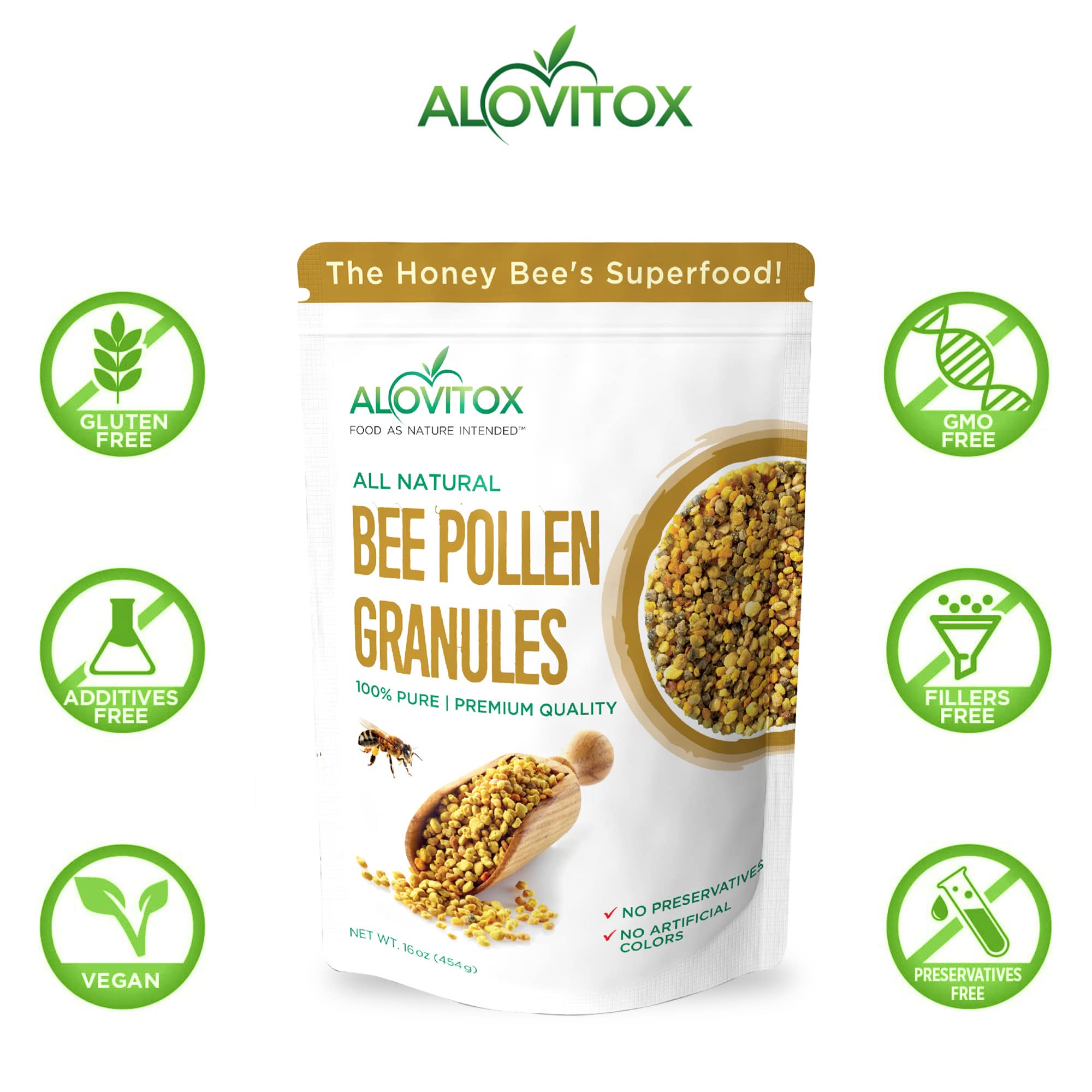 Alovitox Bee Pollen Granules 16 Oz | 100% Pure, Fresh Raw Bee Pollen | Superfood Packed Bee Pollen with Antioxidant, Protein, Vitamins & More |