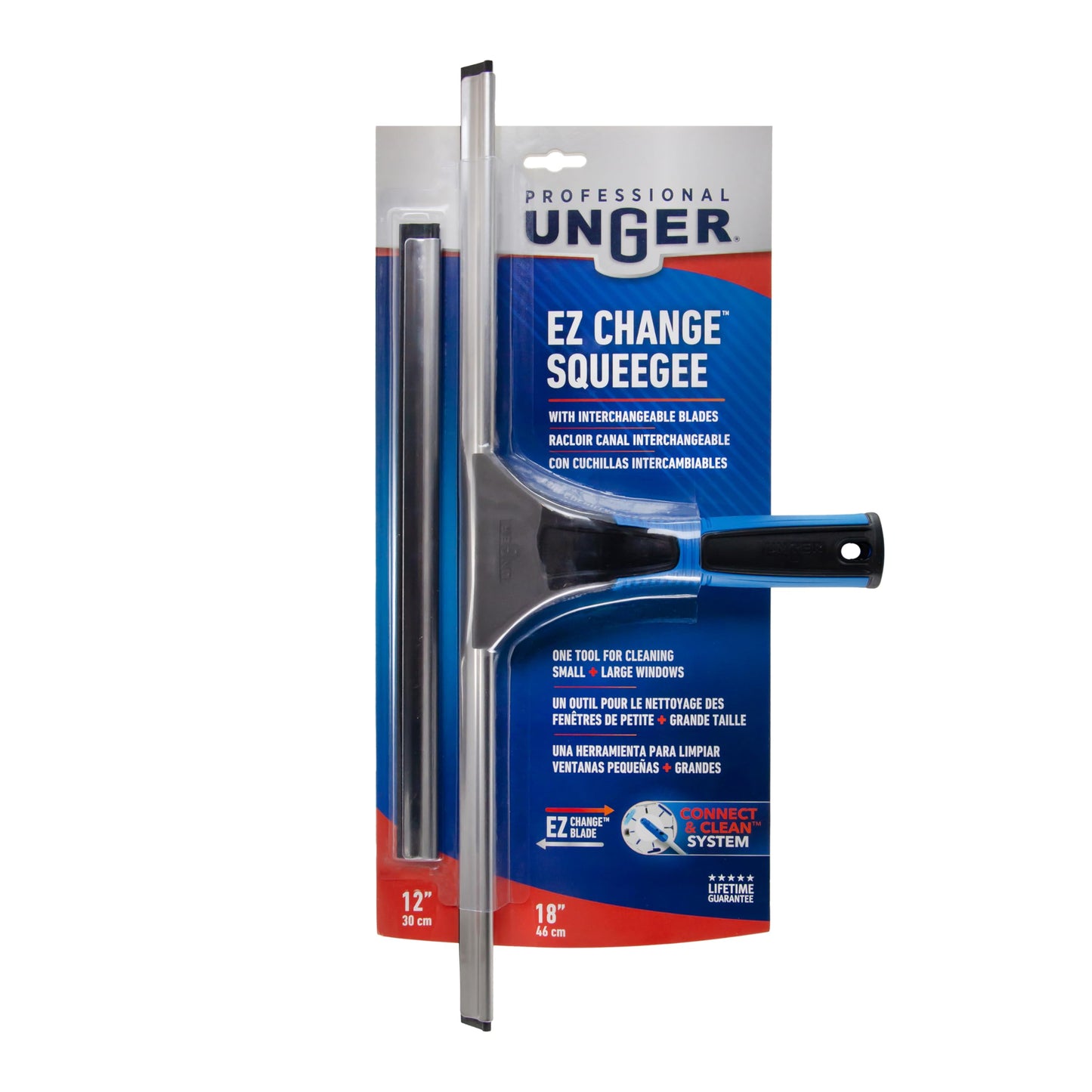 Unger Professional Connect and Clean 18” EZ Change Window and Glass Cleaning Squeegee, Large and Small Windows, Rubber Blade Tool for Streak-Free