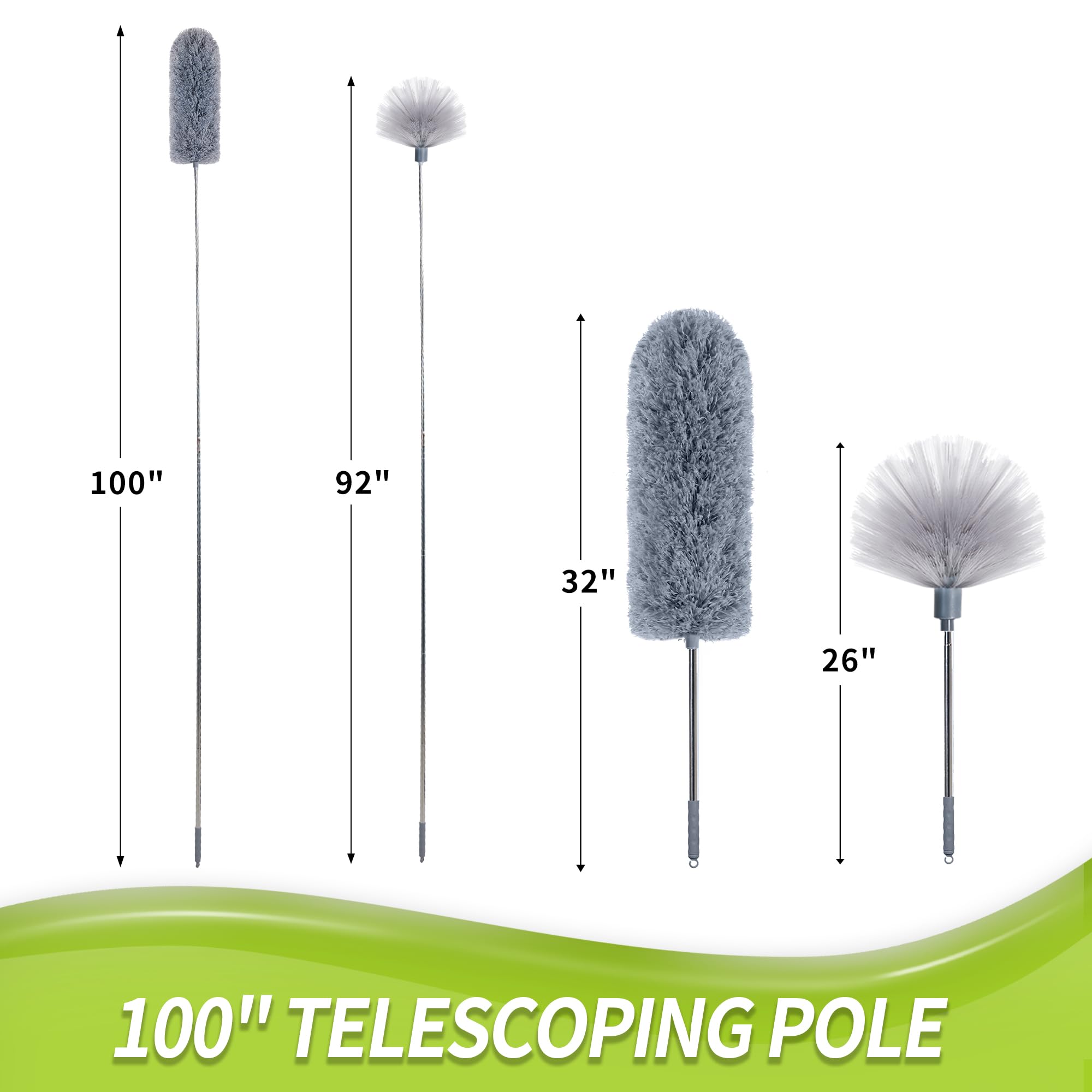 IVYROLL Cobweb Duster with Extension Pole, Spider Web Brush & Ceiling Cleaning Kit, 100" Microfiber Feather Duster Cleaner with Washable Head