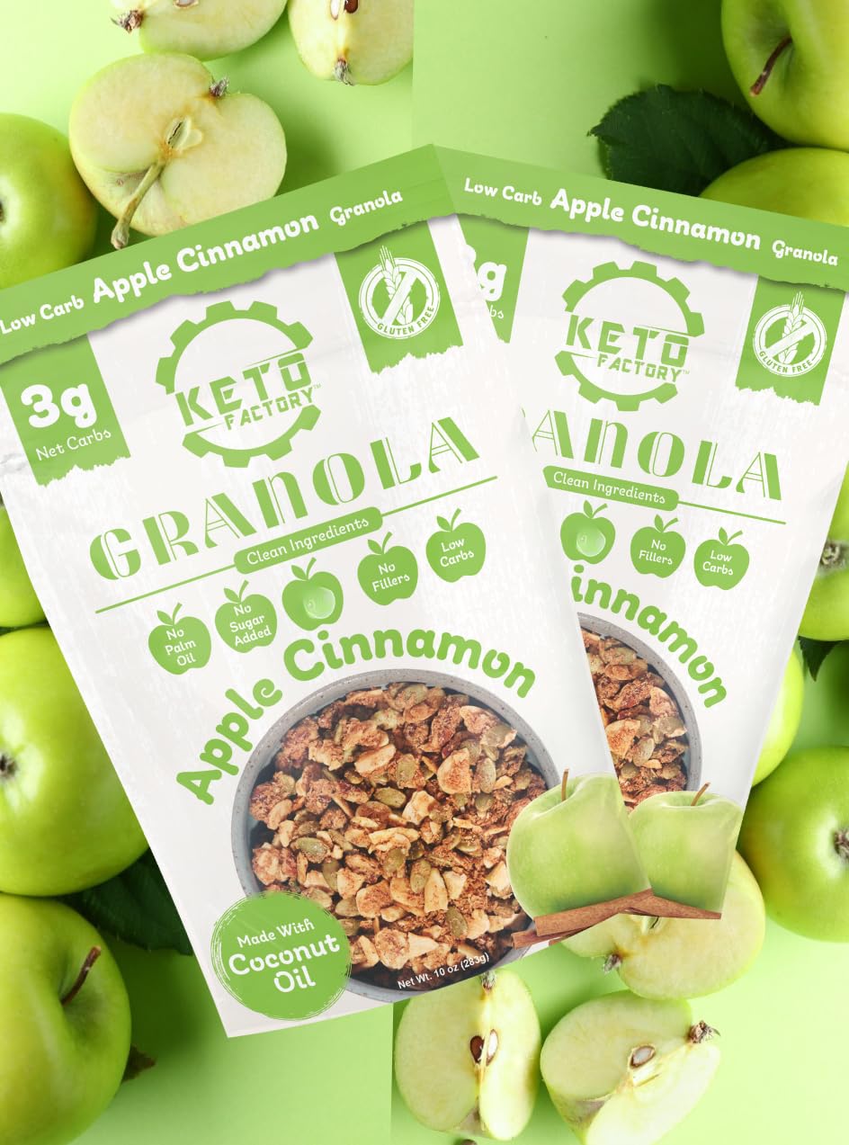 Keto Factory Apple Cinnamon Granola - 3g Net Carbs, Gluten Free, Diabetic Friendly Keto Snacks for Adult - No Added Sugar, Crunchy, and Nutrient Dense