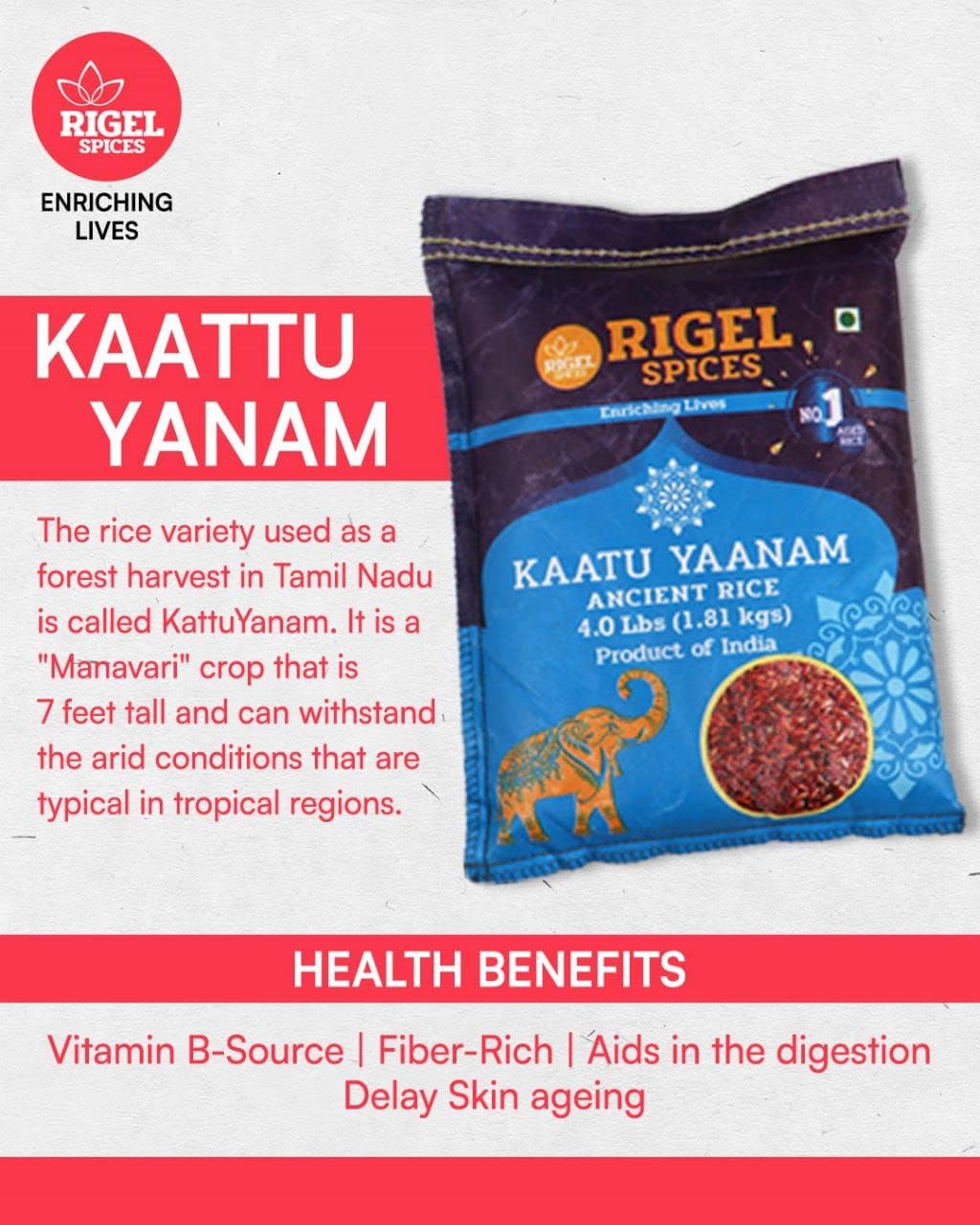 Rigel Spices | Forest Elephant Red Rice (4 Lb) | Kaatu Yaanam Ancient Rice | Kattuyanam rice | 12+months aged | GLUTEN FREE