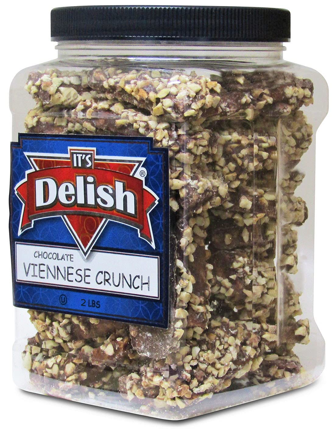 Gourmet Viennese Crunch by Its Delish - 2 LBS Jumbo Reusable Container (32 Oz Jar) - Premium Dark Chocolate Coated With Chopped Nuts Hard Candy Bulk