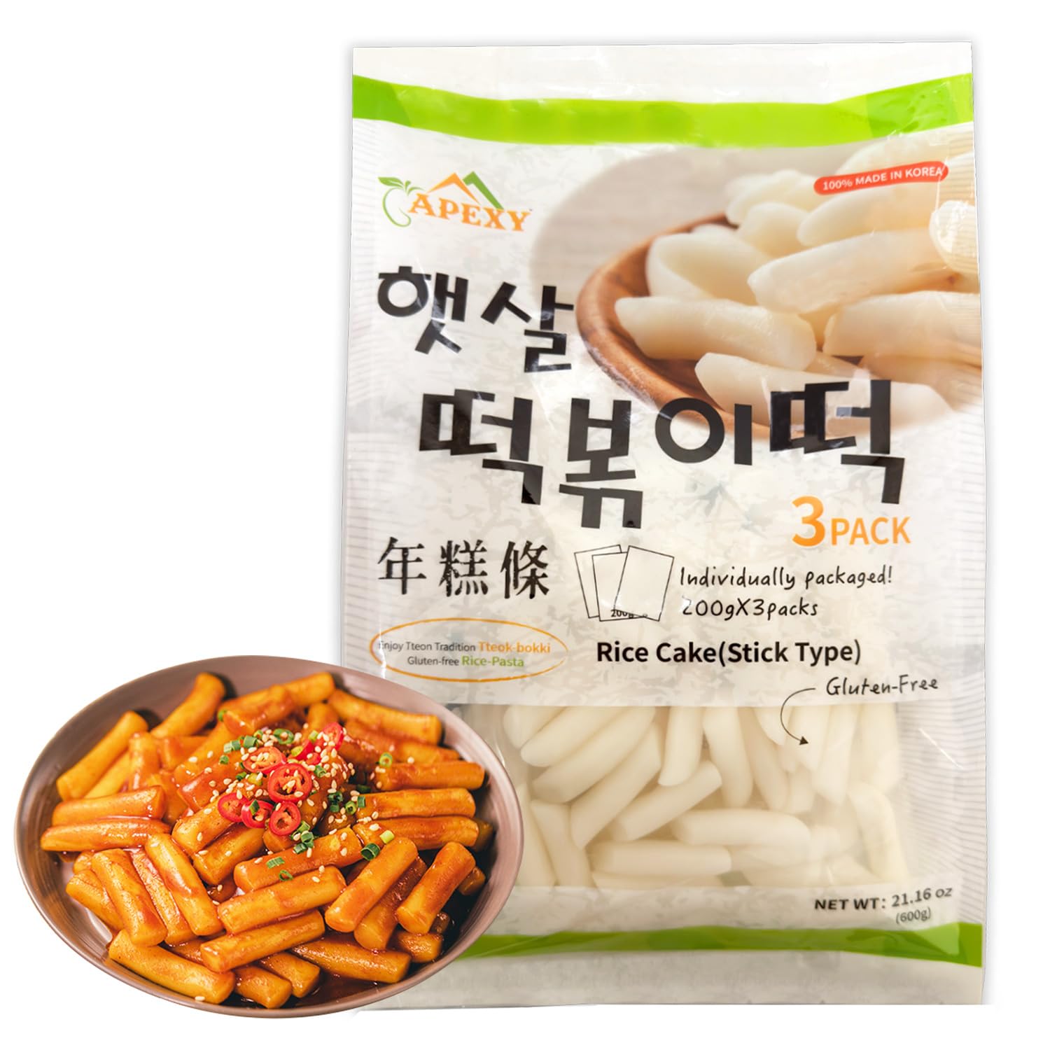APEXY Korean Rice Cakes for Tteokbokki, Authentic Chewy Korean Rice Cake Sticks, Gluten Free, Vegan, Non-GMO Topokki Rice Cakes for Asian Cooking