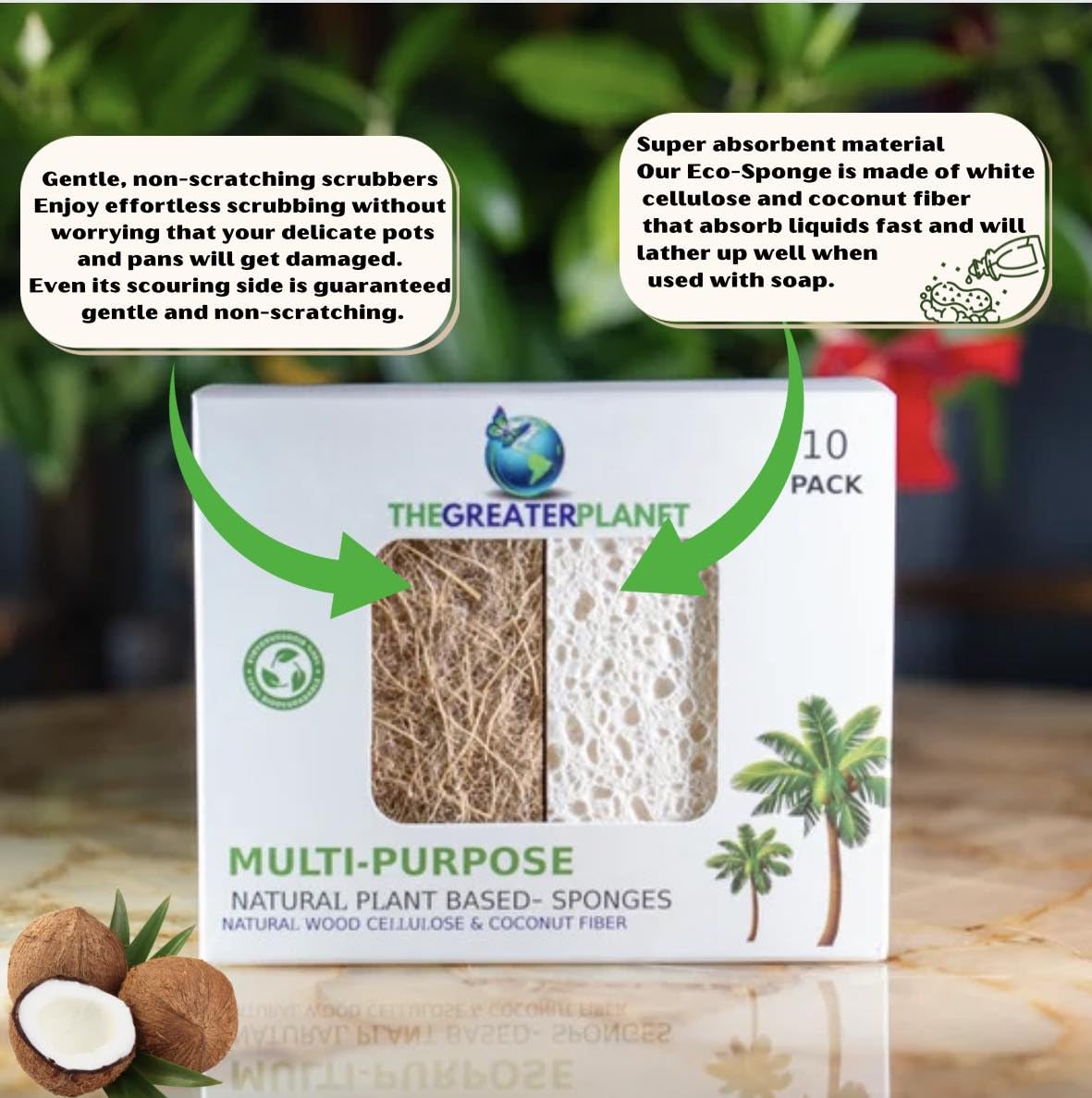 THE GREATER PLANET- Natural Kitchen Sponges, Eco Friendly Cleaning sponges-Multipurpose Wood Cellulose Scrub sponges-10 Pack Biodegradable Organic