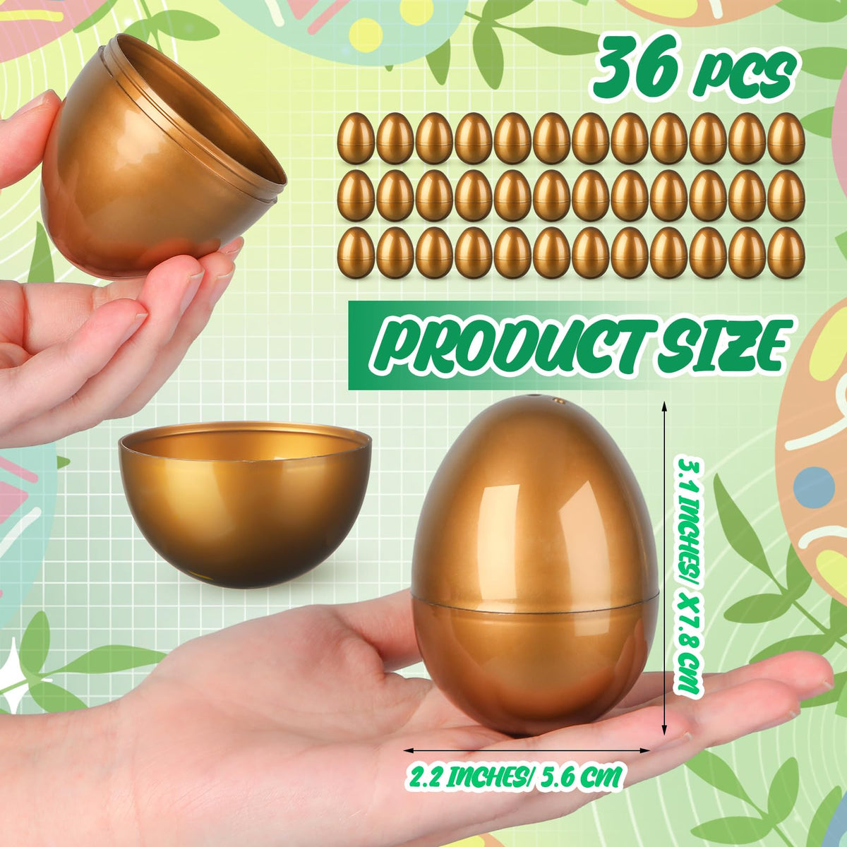 Silipull 36 Pack 3.1 Inch Jumbo Empty Plastic Eggs, Fillable Eggs for Egg Hunts, Candy Basket Stuffers, Party Favors, DIY Crafts(Gold)