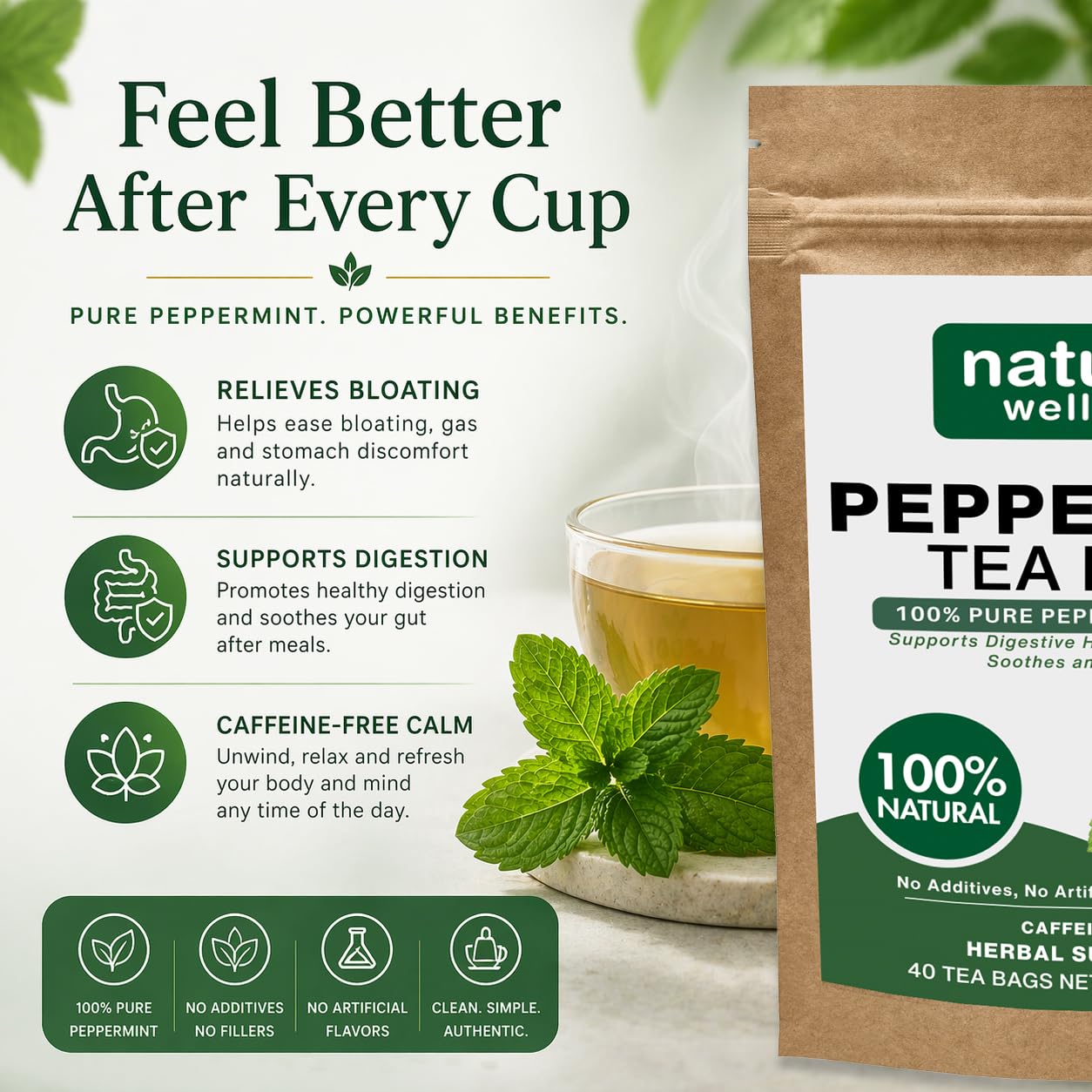 Peppermint Tea Bags - Strong Mint for Digestion & Bloating Relief - Caffeine Free Herbal Tea - 100% Pure Peppermint Leaves, Fresh & Aromatic, Non-GMO