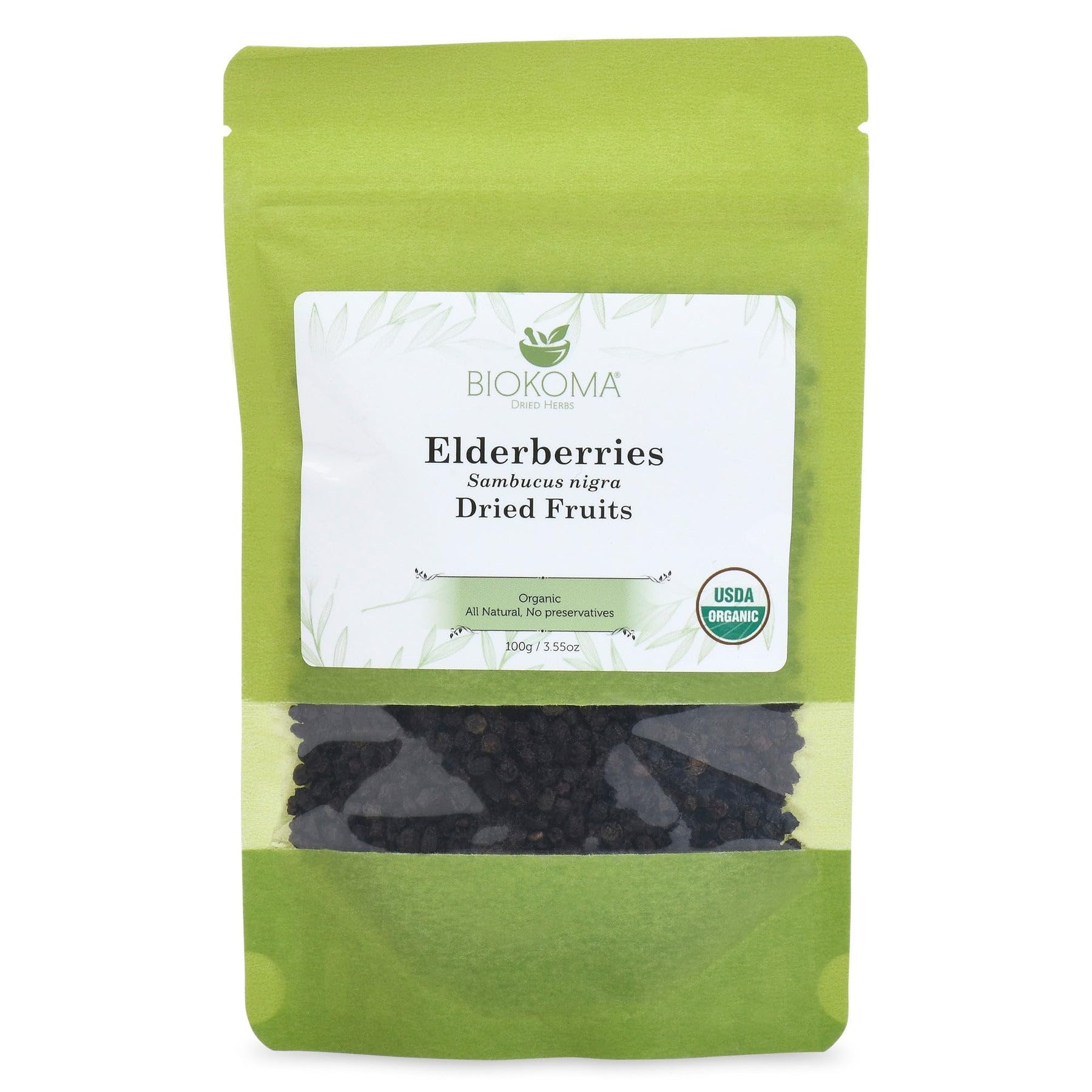 Biokoma Organic Elderberries Dried Fruits 100g (3.55oz) Immunity Digestion Boost Resealable Moisture Proof Pouch USDA Certified Organic Herbal Tea No