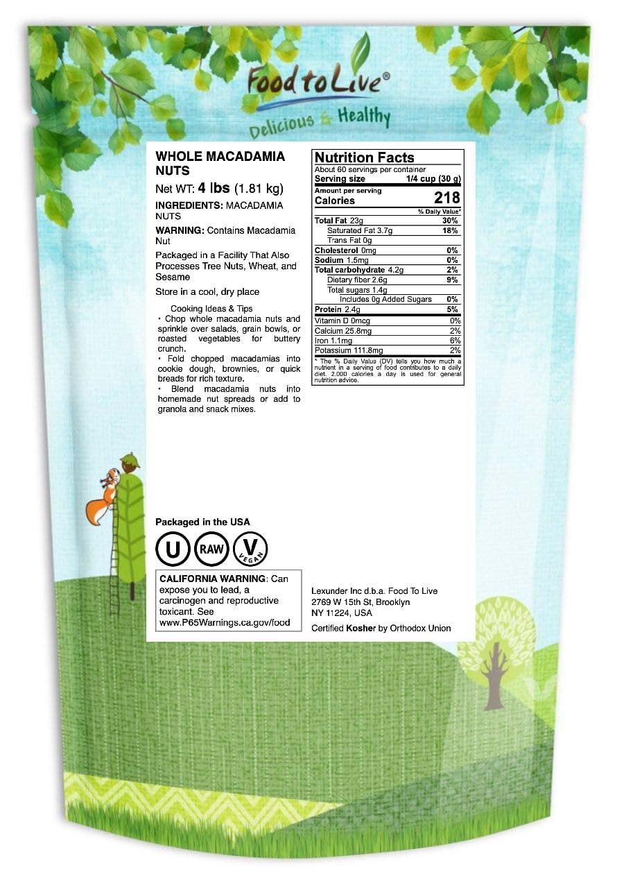 Food to Live Whole Macadamia Nuts, 4 Pounds - Raw, Unsalted, Unroasted, Keto Friendly, Kosher, Vegan, Bulk, Great as Snack and for Baking, Good Source