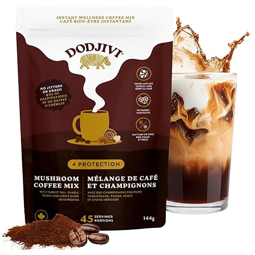 Dodjivi Organic Mushroom Coffee Instant Packets, Arabica Coffee Powder with Reishi mushroom, Lion's mane, Chaga,Turkey Tail for Better Focus, Energy