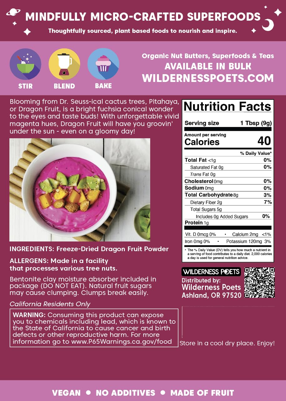 Wilderness Poets Freeze Dried Dragon Fruit Powder - Pink Pitaya (Pitahaya) 3.5 Ounce